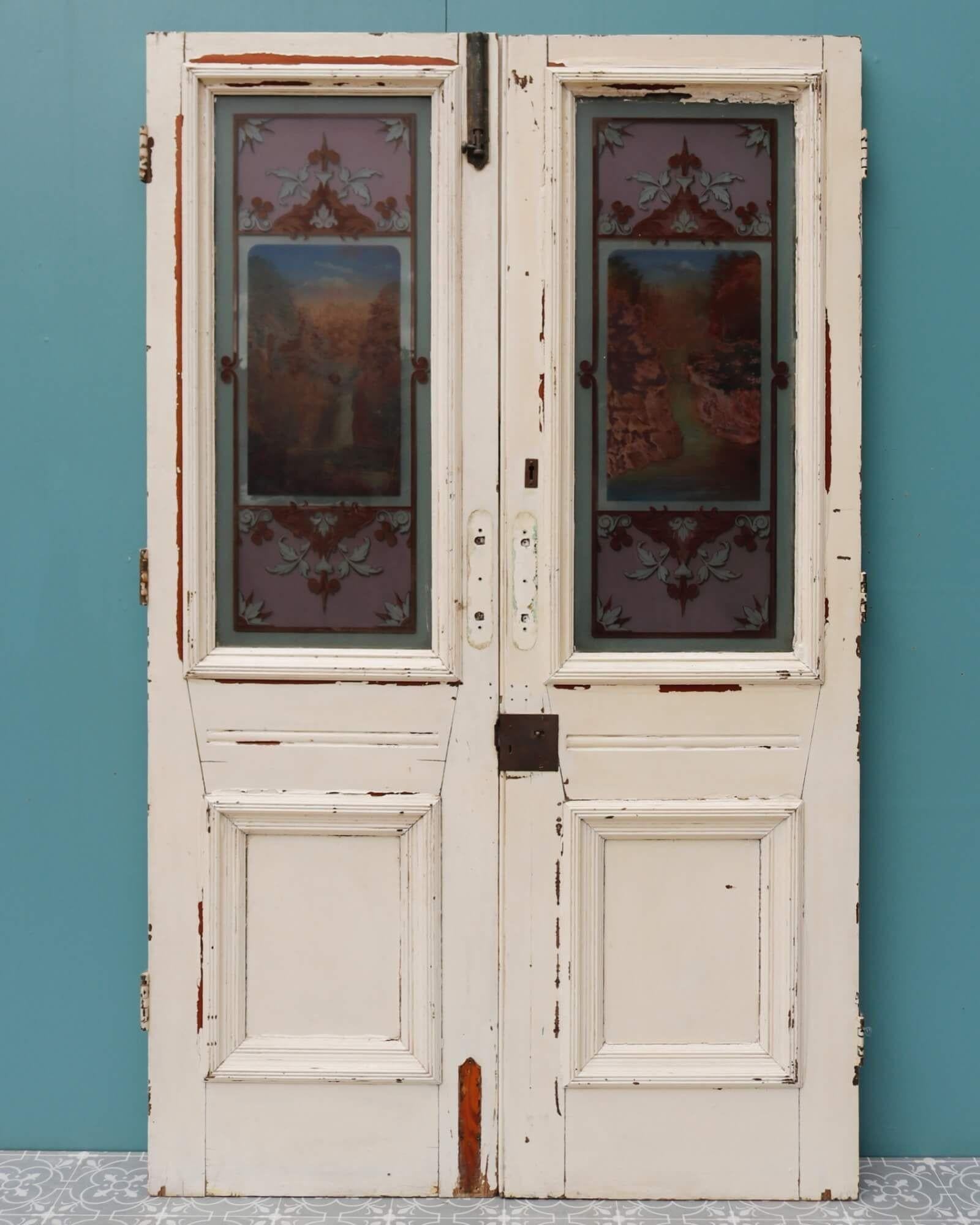 Set of Handpainted Antique Stained Glass Double Doors In Fair Condition For Sale In Wormelow, Herefordshire