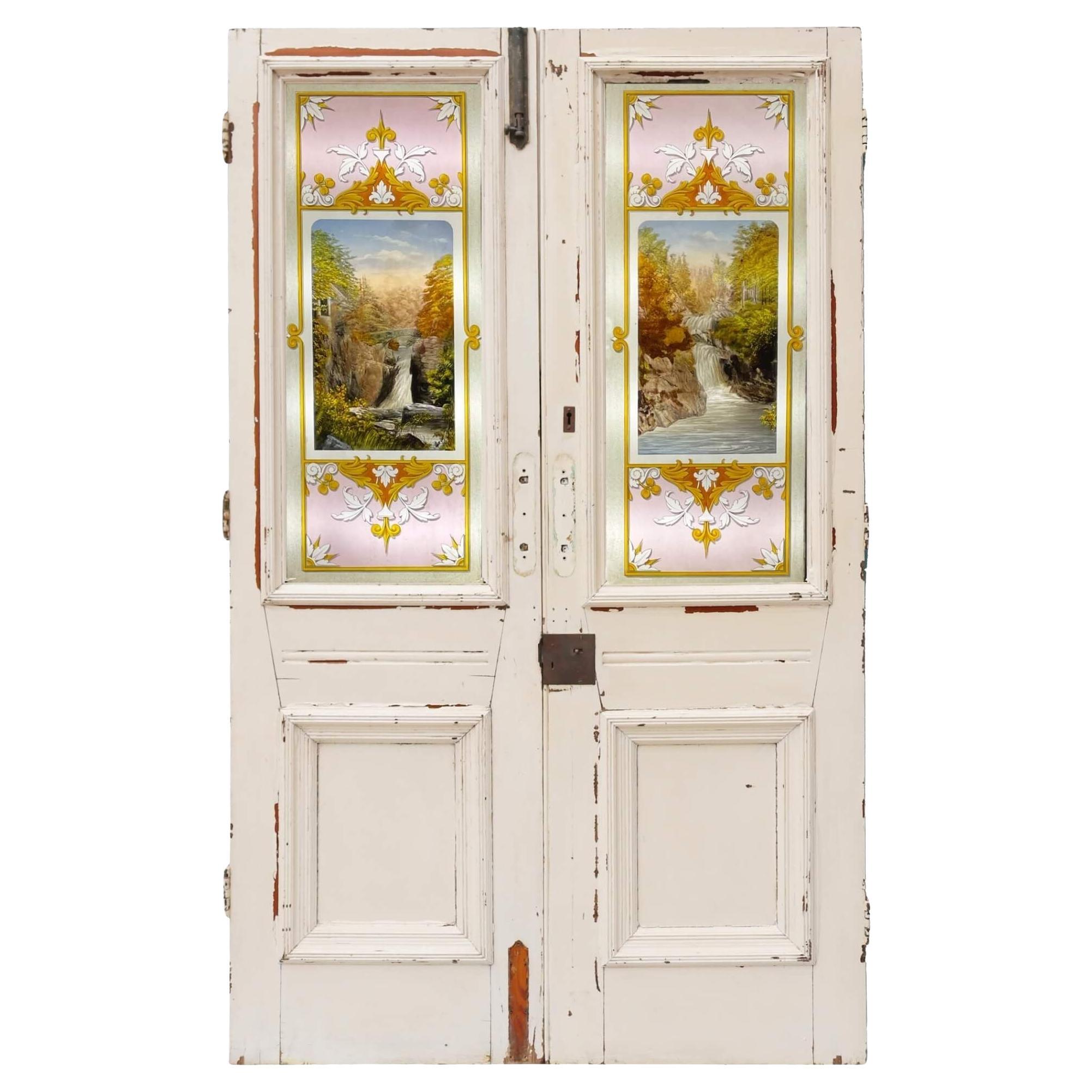Set of Handpainted Antique Stained Glass Double Doors For Sale