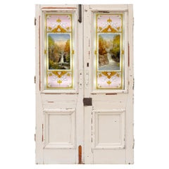 Set of Handpainted Antique Stained Glass Double Doors