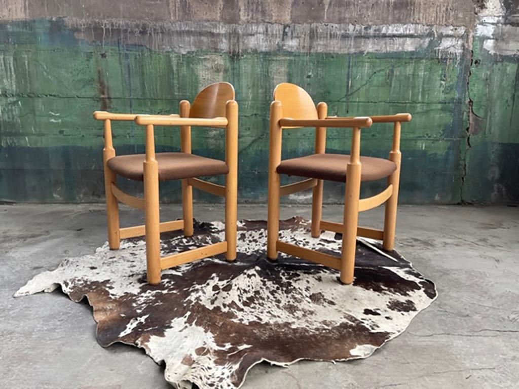 Set of 5 Hank Lowenstein’s “Padova” dining chairs in oak wood with brown wool seats. Beautiful rounded edges, wool seats are in excellent condition. Made in Italy.

Dimensions
Height: 32.75 in (83.19 cm) 
Width: 19 in (48.26 cm)
Depth: 19 in (48.26