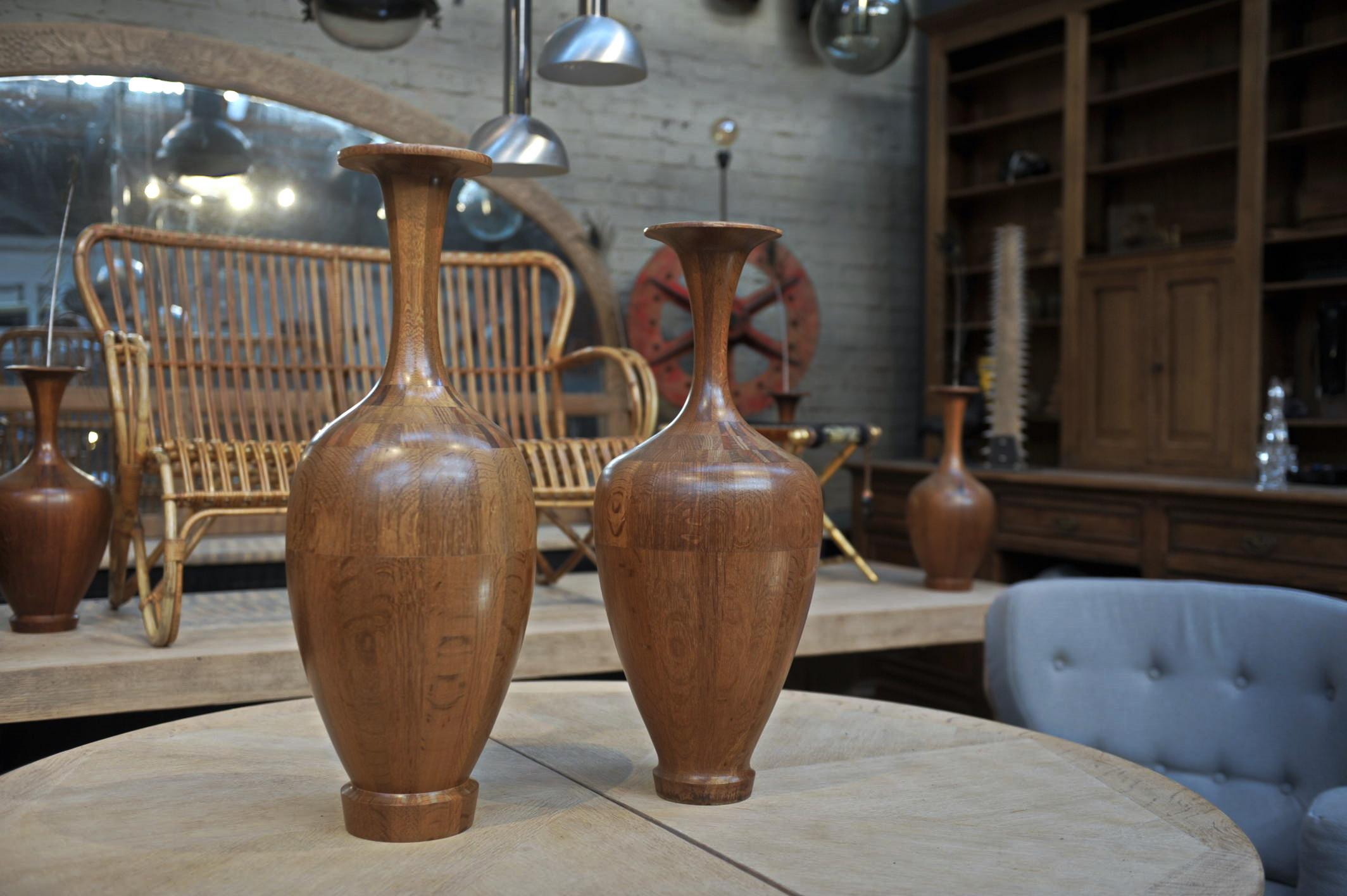 Art Deco Set of Height Timber Vases, De Coene Frères, 1930s For Sale