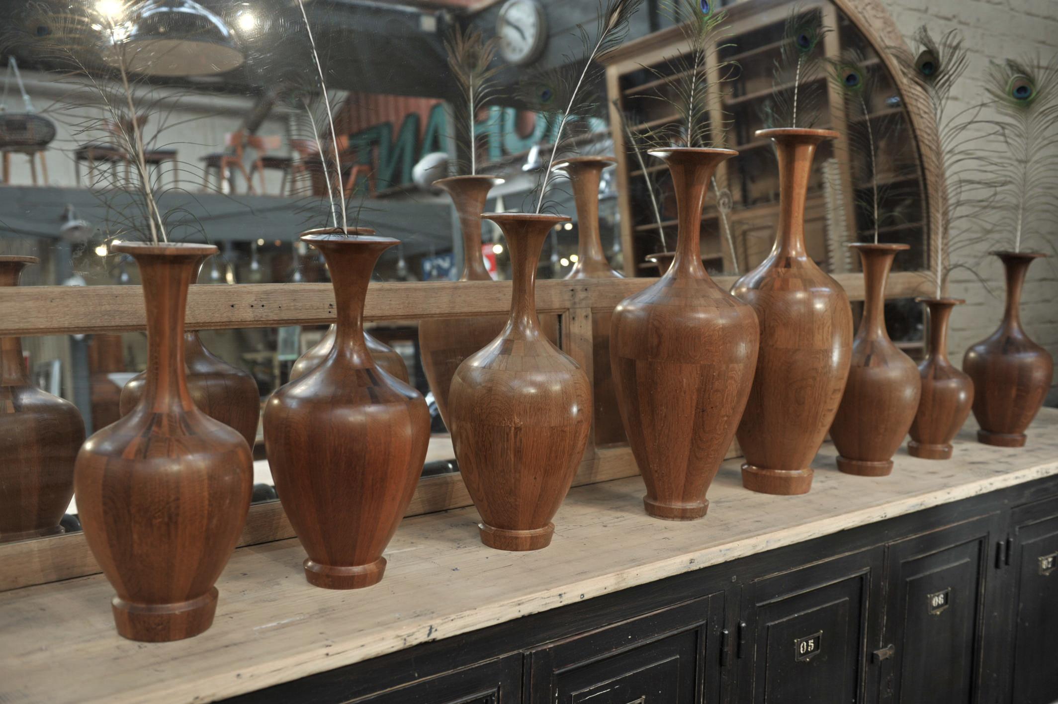 Belgian Set of Height Timber Vases, De Coene Frères, 1930s For Sale