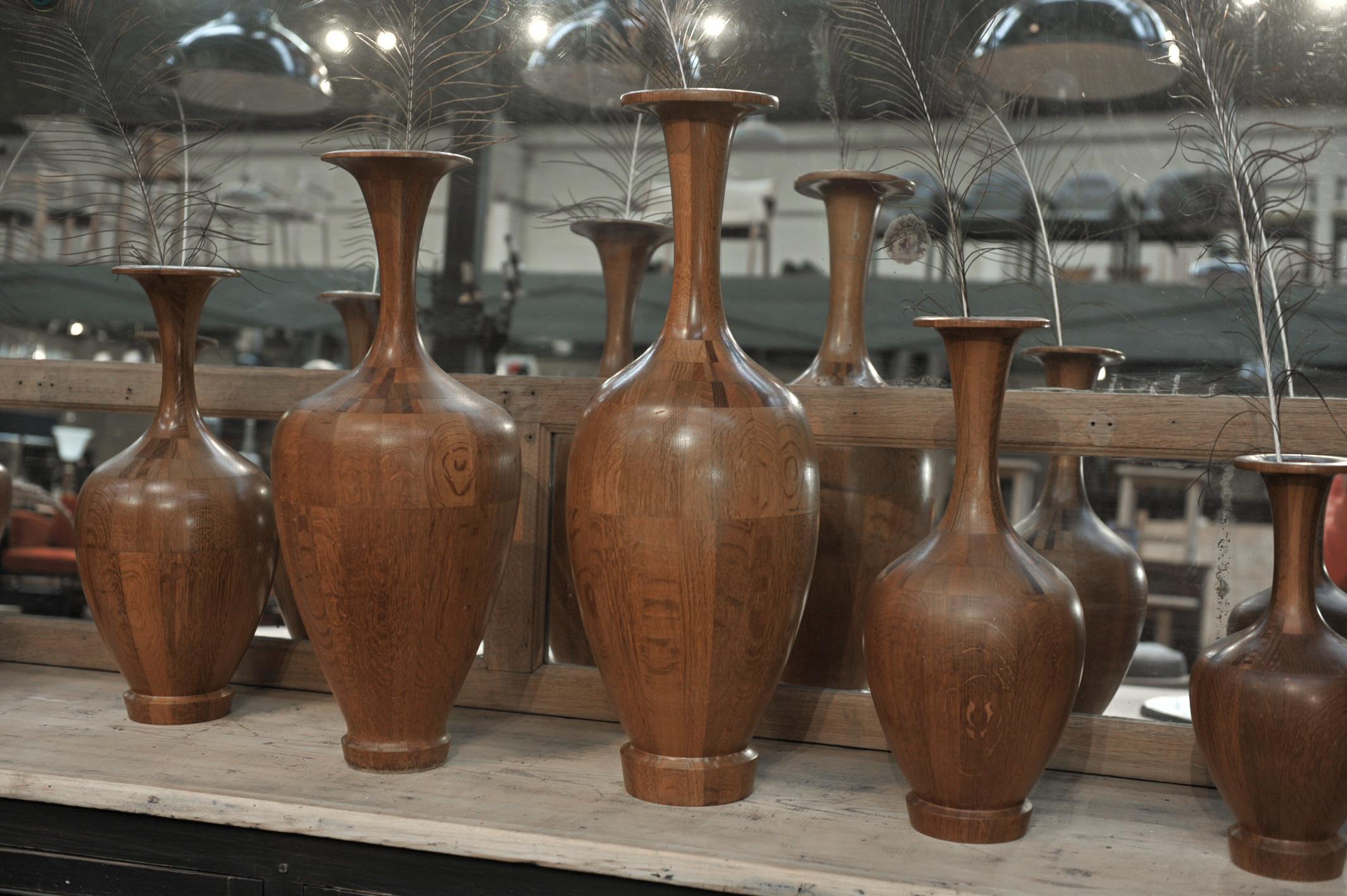 Mid-20th Century Set of Height Timber Vases, De Coene Frères, 1930s For Sale