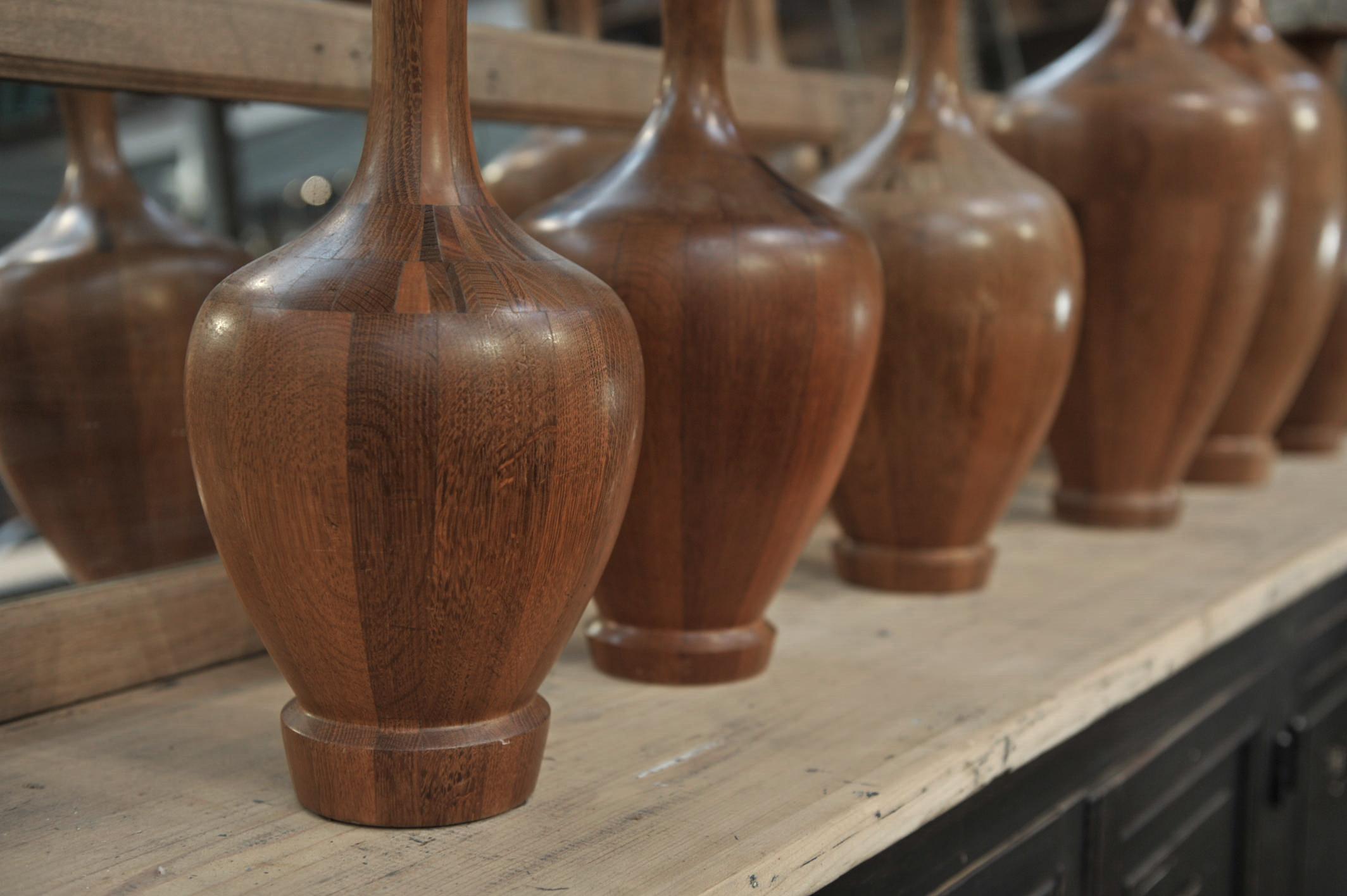 Mahogany Set of Height Timber Vases, De Coene Frères, 1930s For Sale