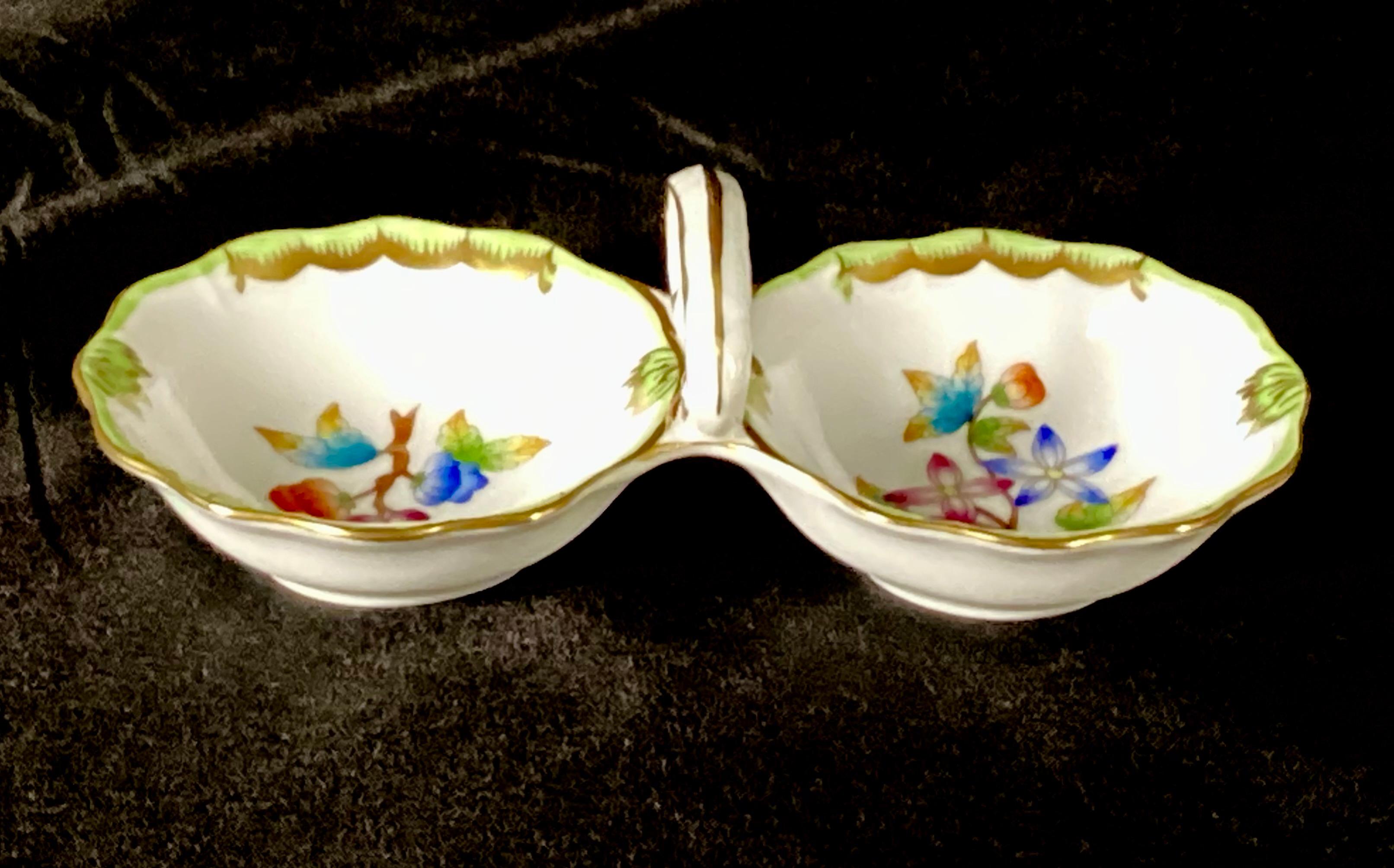 Rare Herend Queen Victoria Hand-painted Porcelain 1) Twin Salt Cellar and 2) Sugar Bowl with Lid Set. Salt Cellar can be used as trinket holder as well. Pieces are hand-painted, multicolored in pink, green and blue floral on white background. Gold
