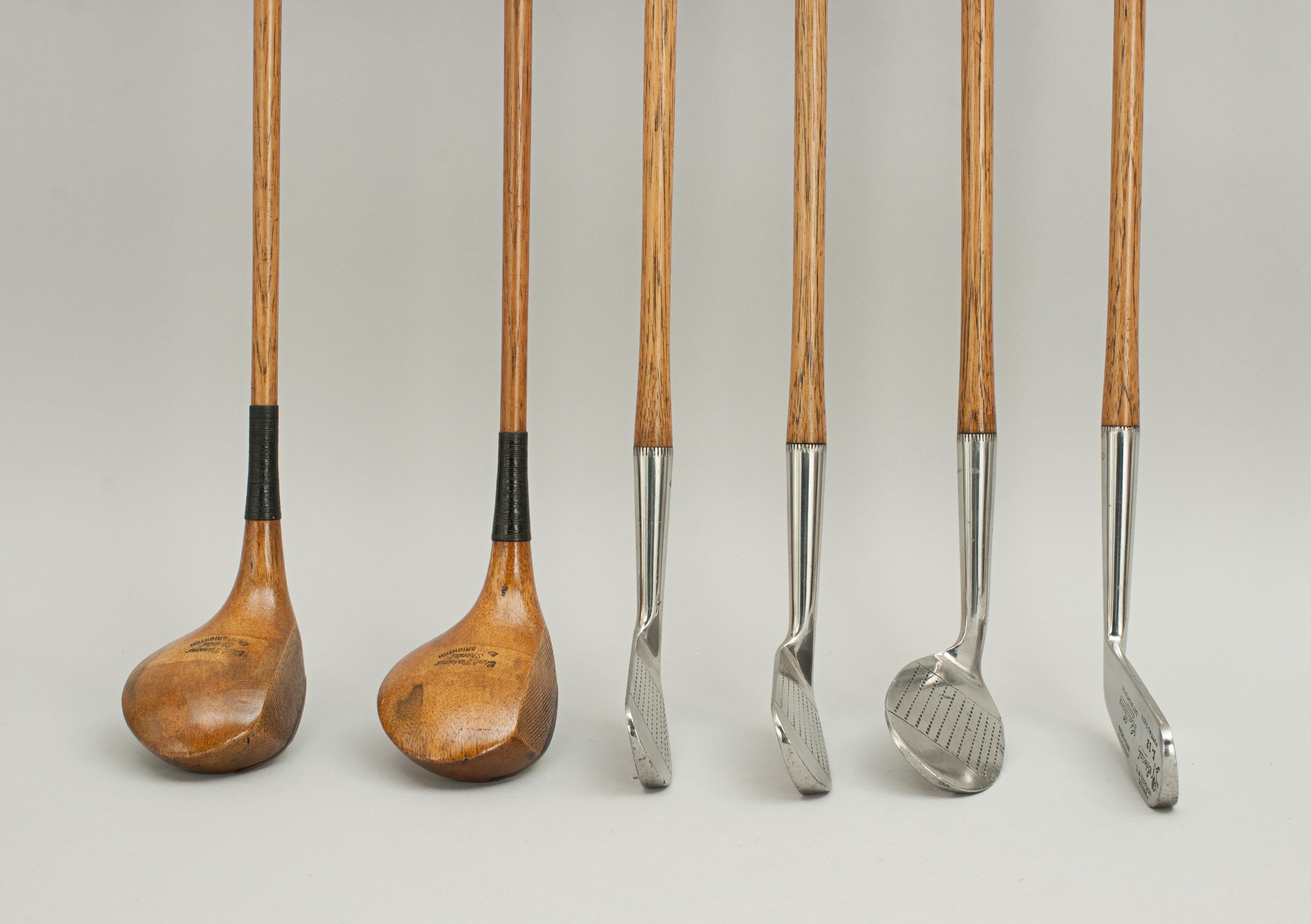 Set of six playable hickory Golf Clubs.
A good set of six hickory shafted golf clubs by Charles Parsons of East Brighton Golf Club. The set includes 2 Woods, Mid-iron, Mashie, Niblick and a Putting Cleek. The clubs are all branded 'Chas Parsons',