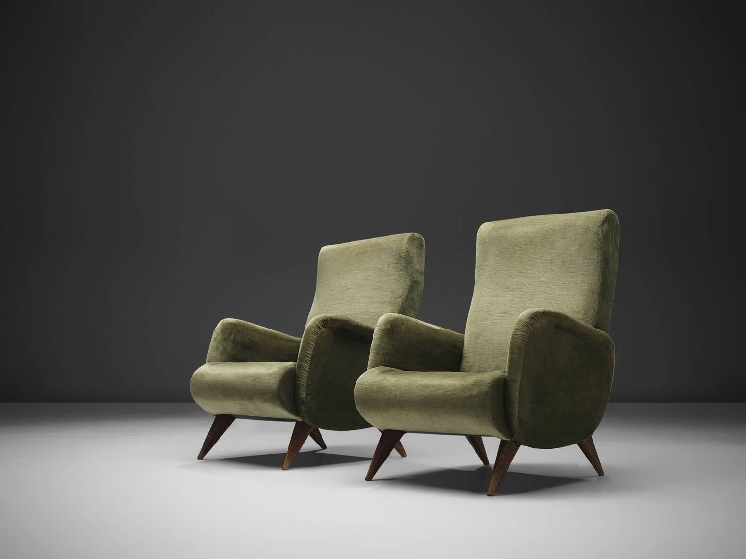 Mid-Century Modern Set of High Back Easy Chairs in Green Velvet