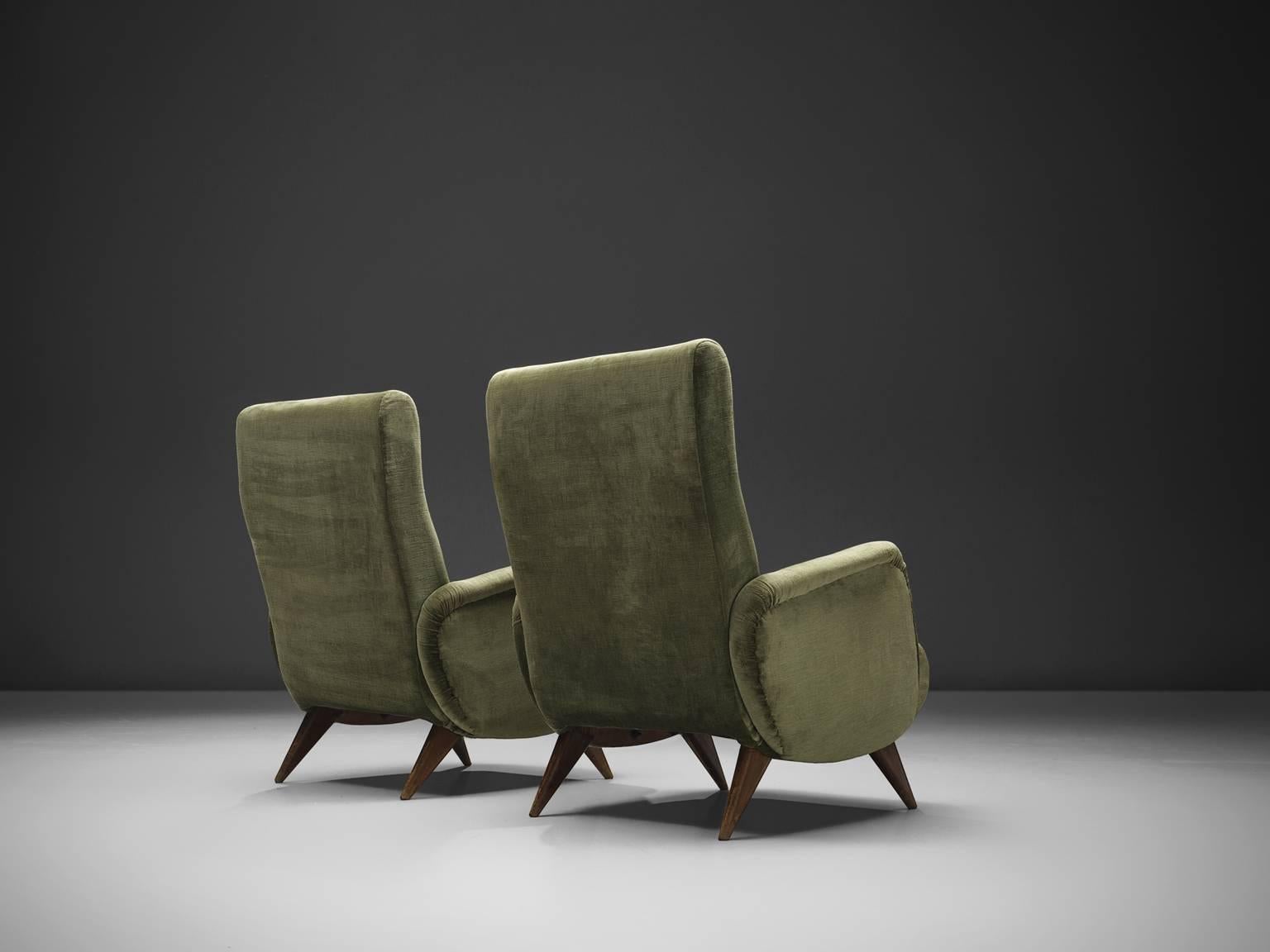 Italian Set of High Back Easy Chairs in Green Velvet