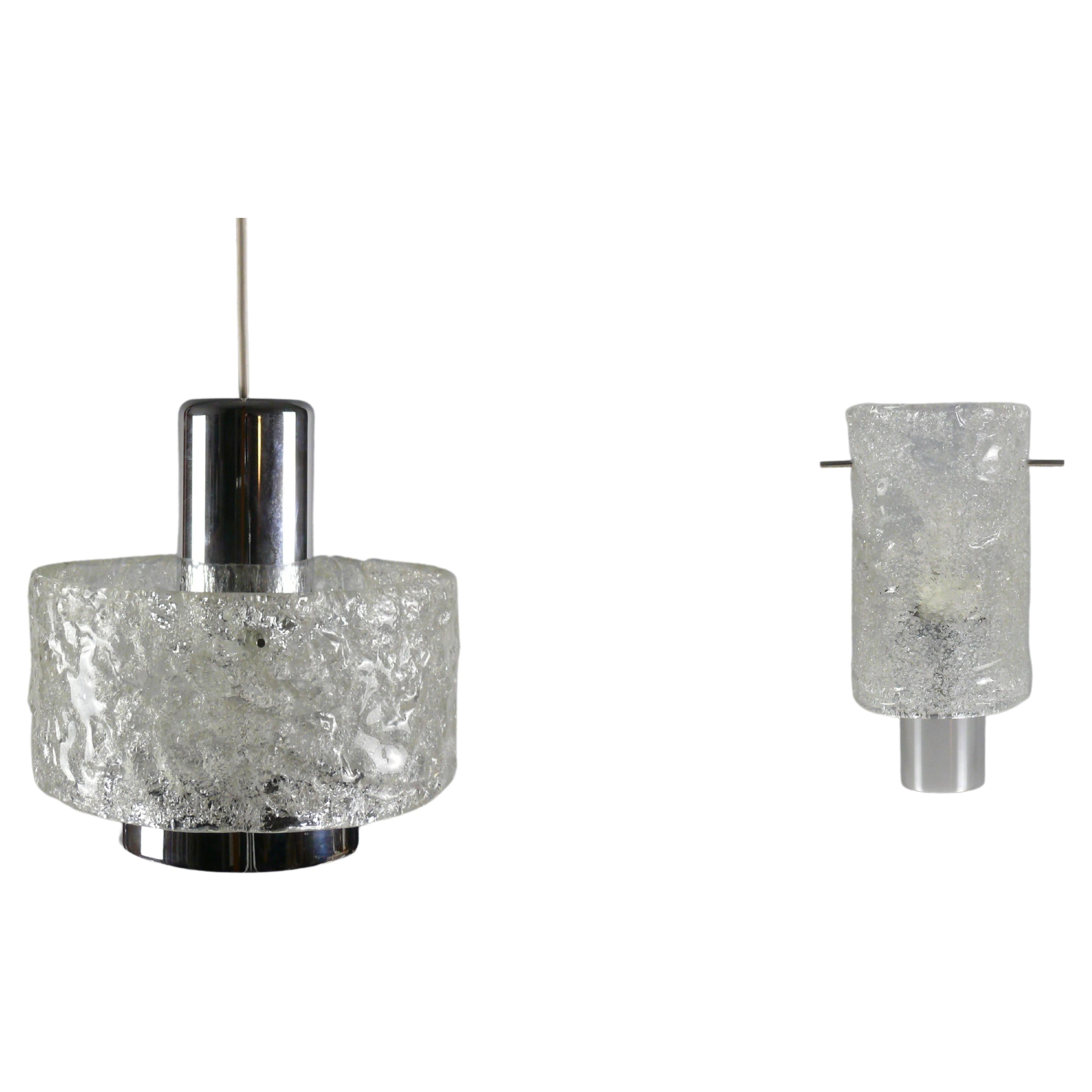 Set of Hillebrand Murano / iceglass pendant and wall lamp -  1960s For Sale