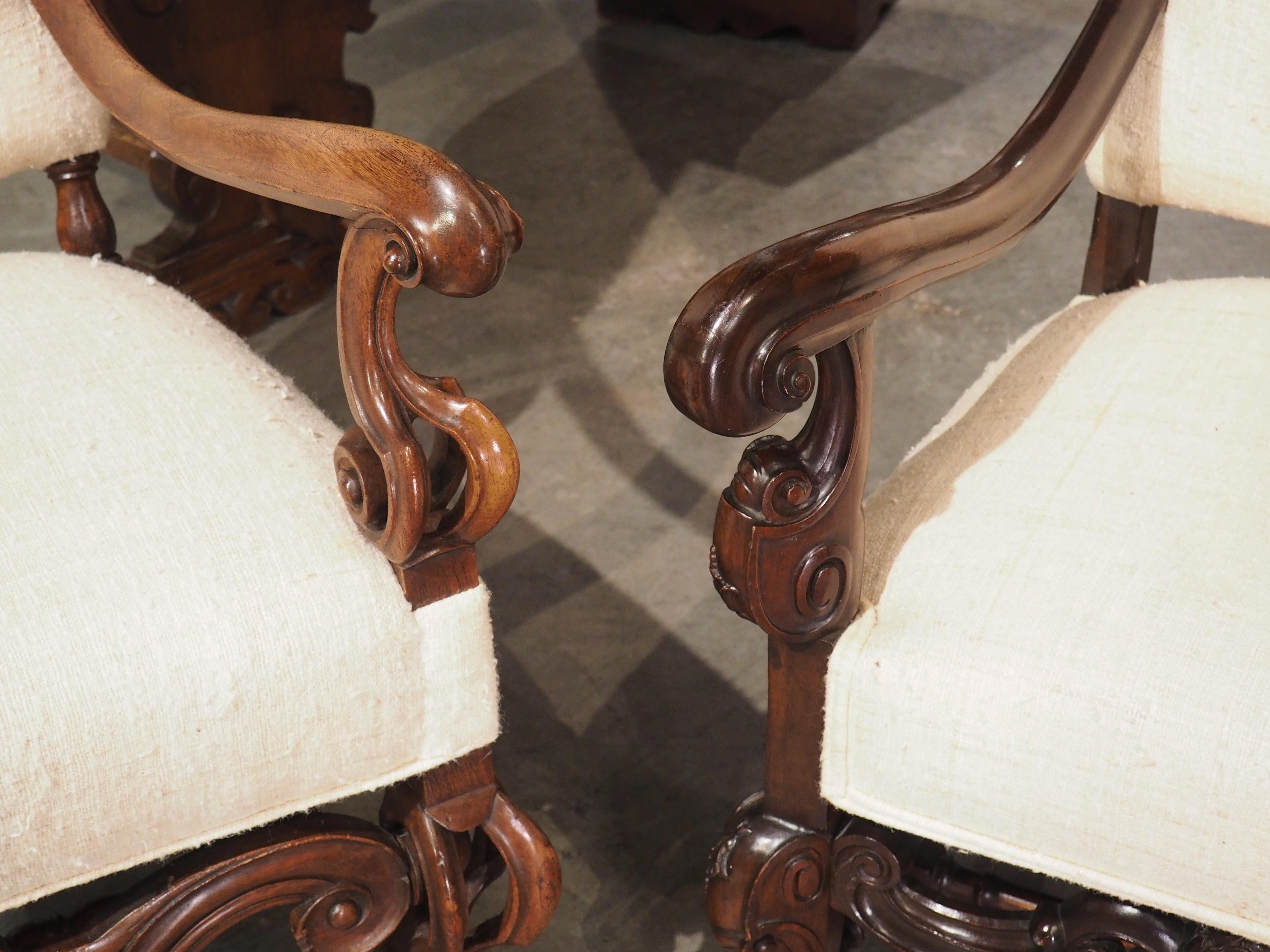 Set of His and Hers Baroque Style Carved Armchairs with Raw Silk Upholstery For Sale 2