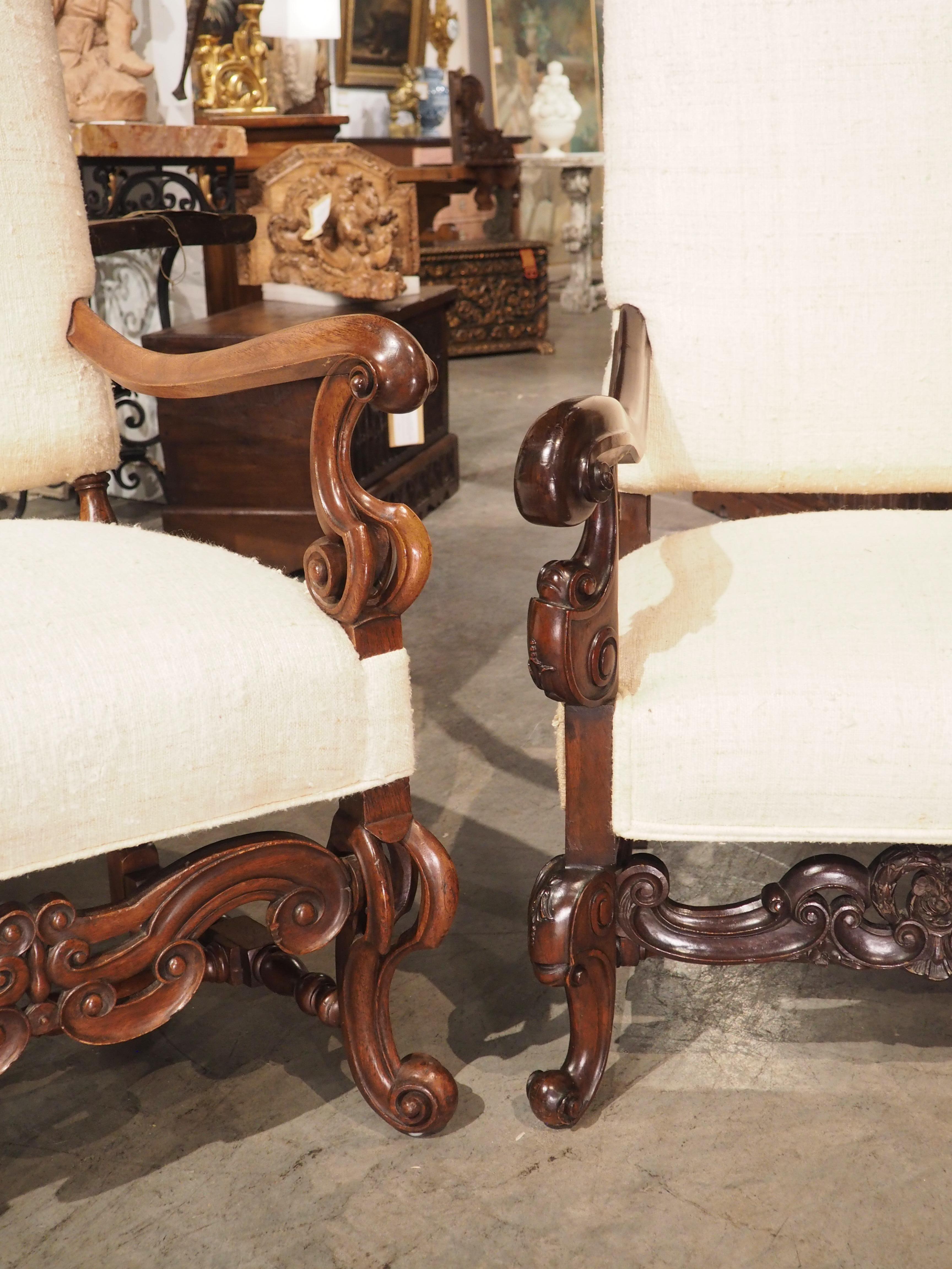 Set of His and Hers Baroque Style Carved Armchairs with Raw Silk Upholstery For Sale 3