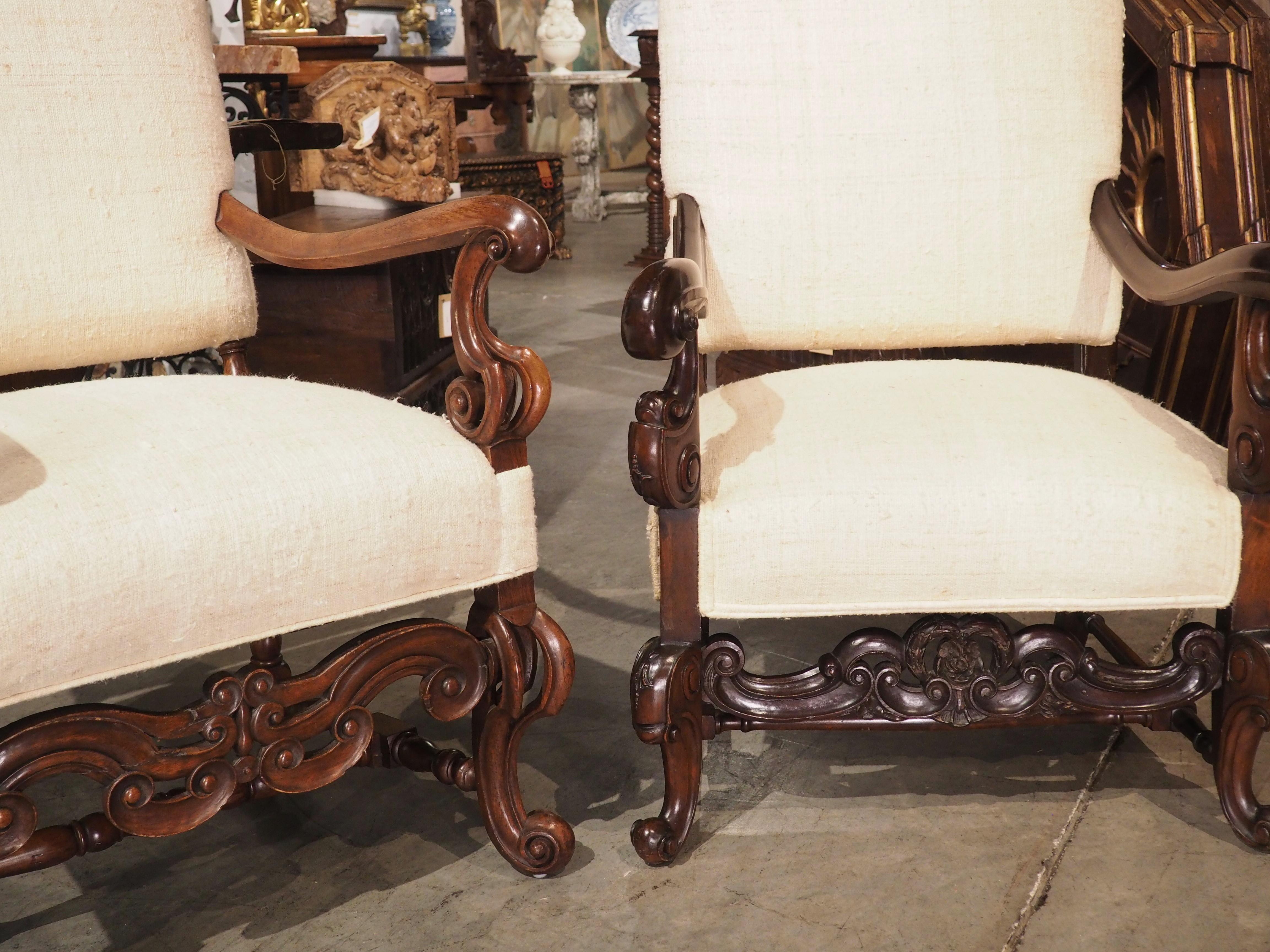 Set of His and Hers Baroque Style Carved Armchairs with Raw Silk Upholstery For Sale 4