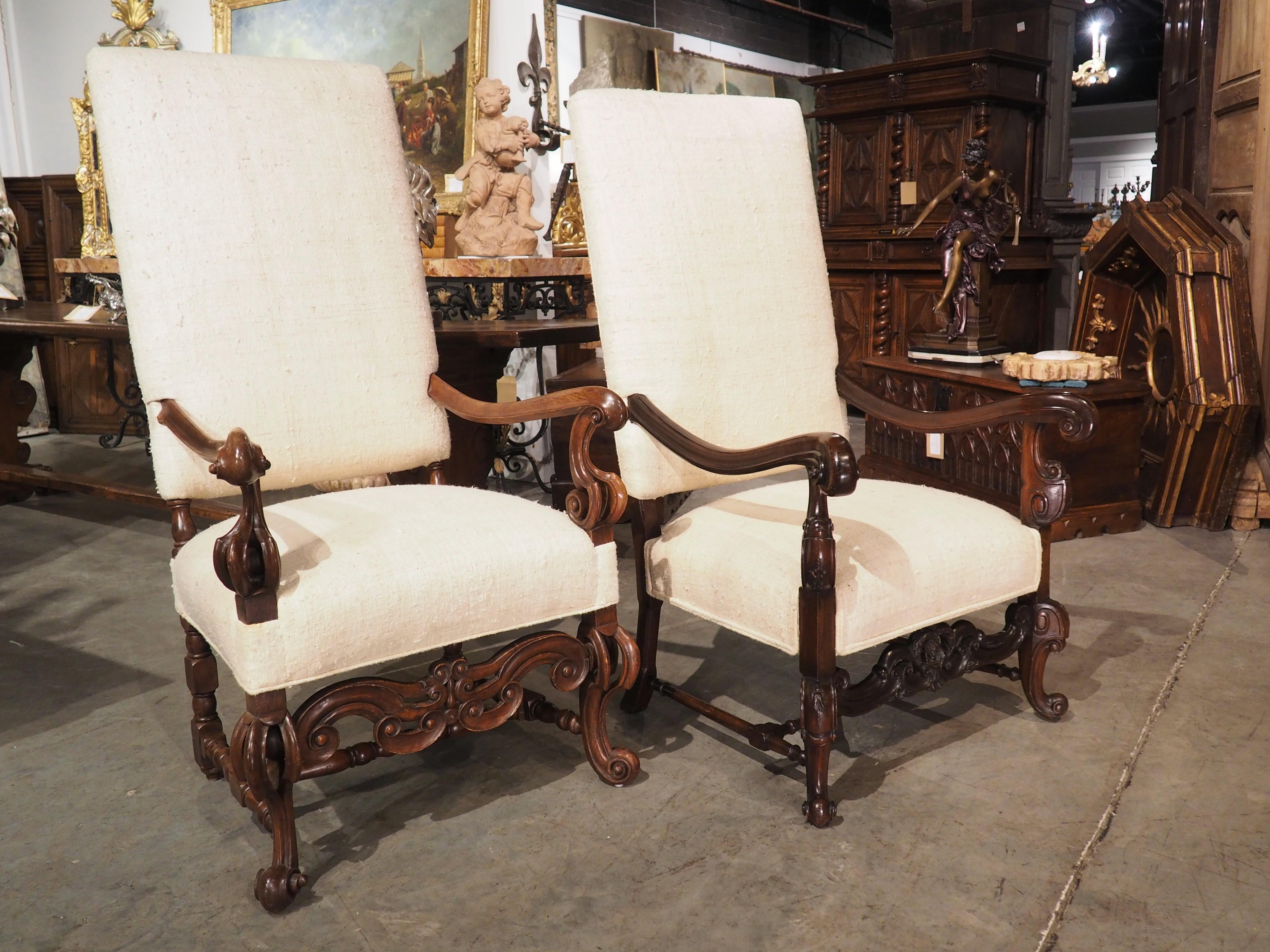 Italian Set of His and Hers Baroque Style Carved Armchairs with Raw Silk Upholstery For Sale