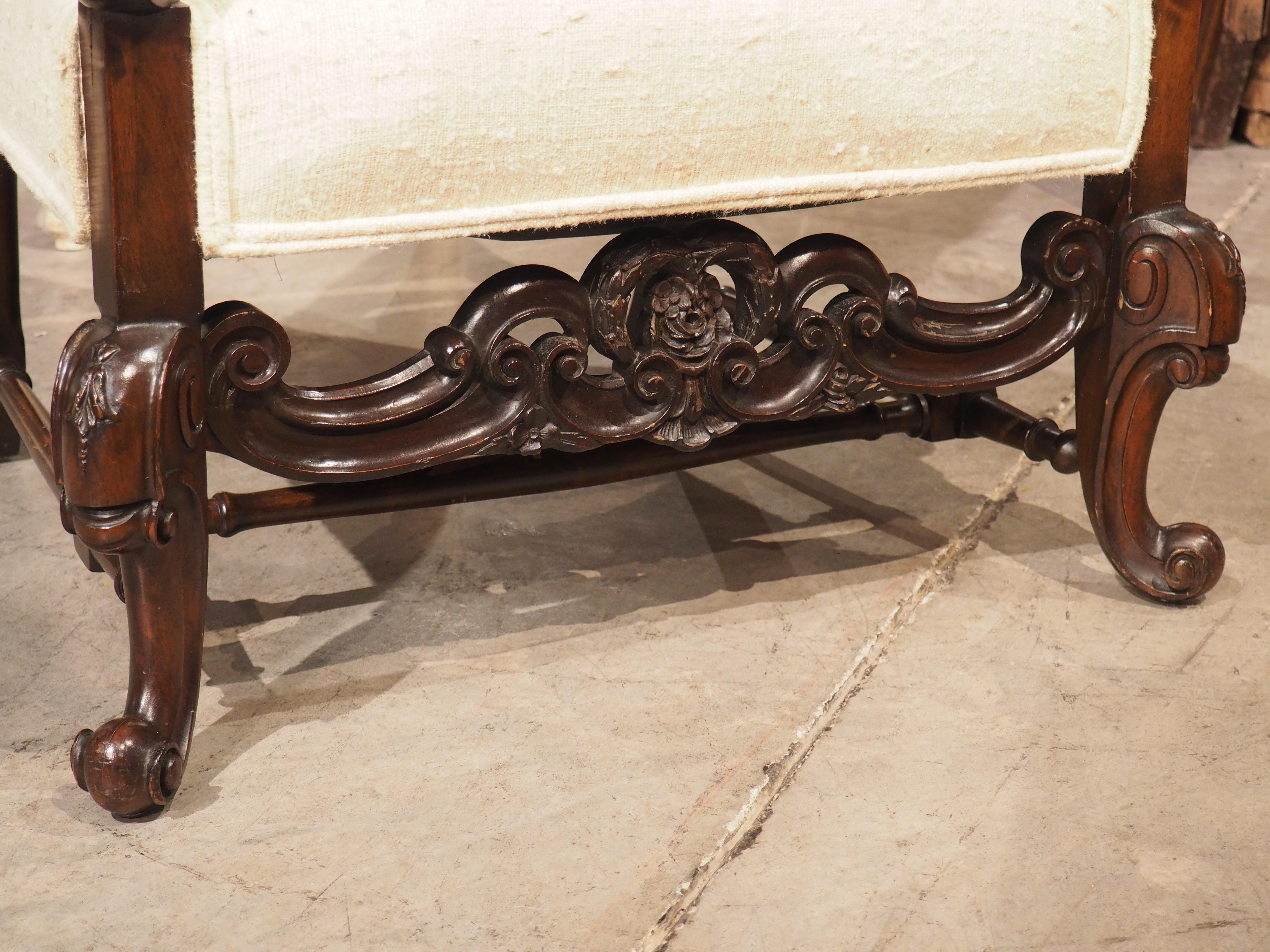 Hand-Carved Set of His and Hers Baroque Style Carved Armchairs with Raw Silk Upholstery For Sale