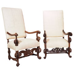 Antique Set of His and Hers Baroque Style Carved Armchairs with Raw Silk Upholstery