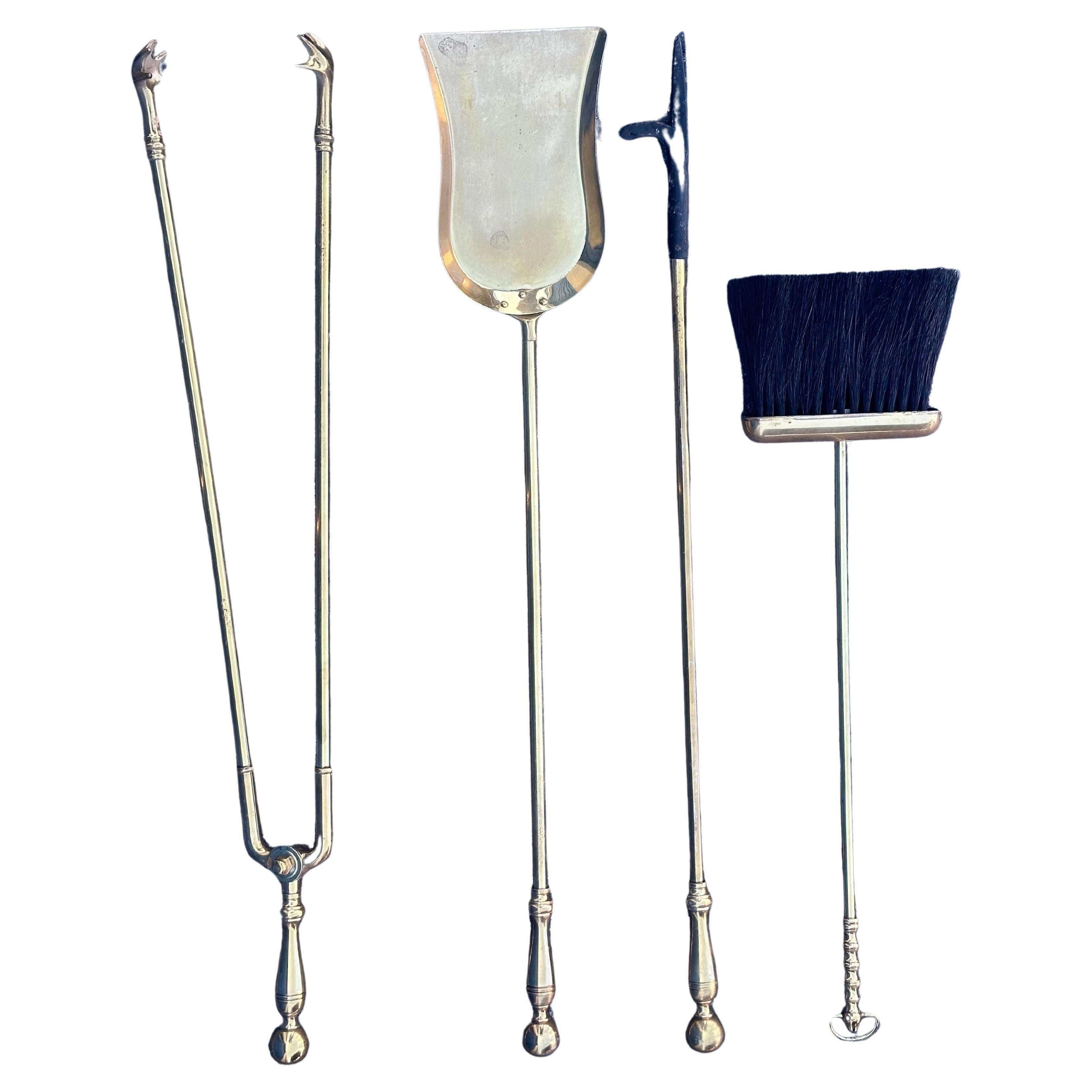 American Set of Hollywood Regency Brass Fireplace Tools For Sale