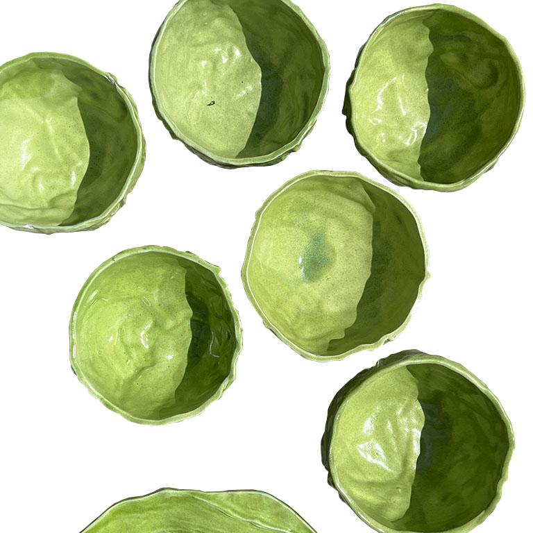 Ceramic Set of Hollywood Regency Cabbage Ware Bowls and Serving Plate in Green - Set 7