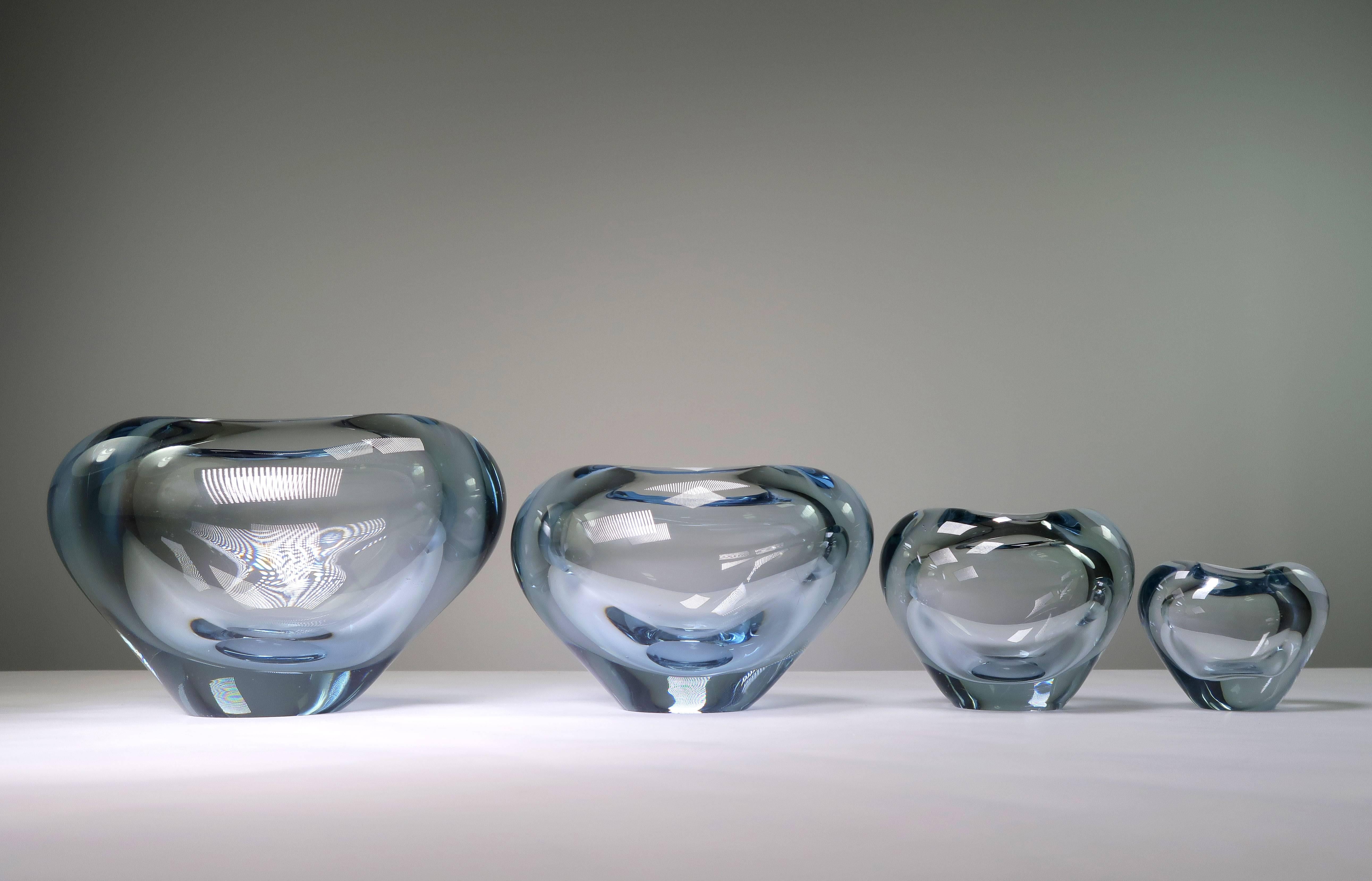 Set of Four Holmegaard Danish Modern Heart Shaped Light Blue Glass Vases, 1961 1