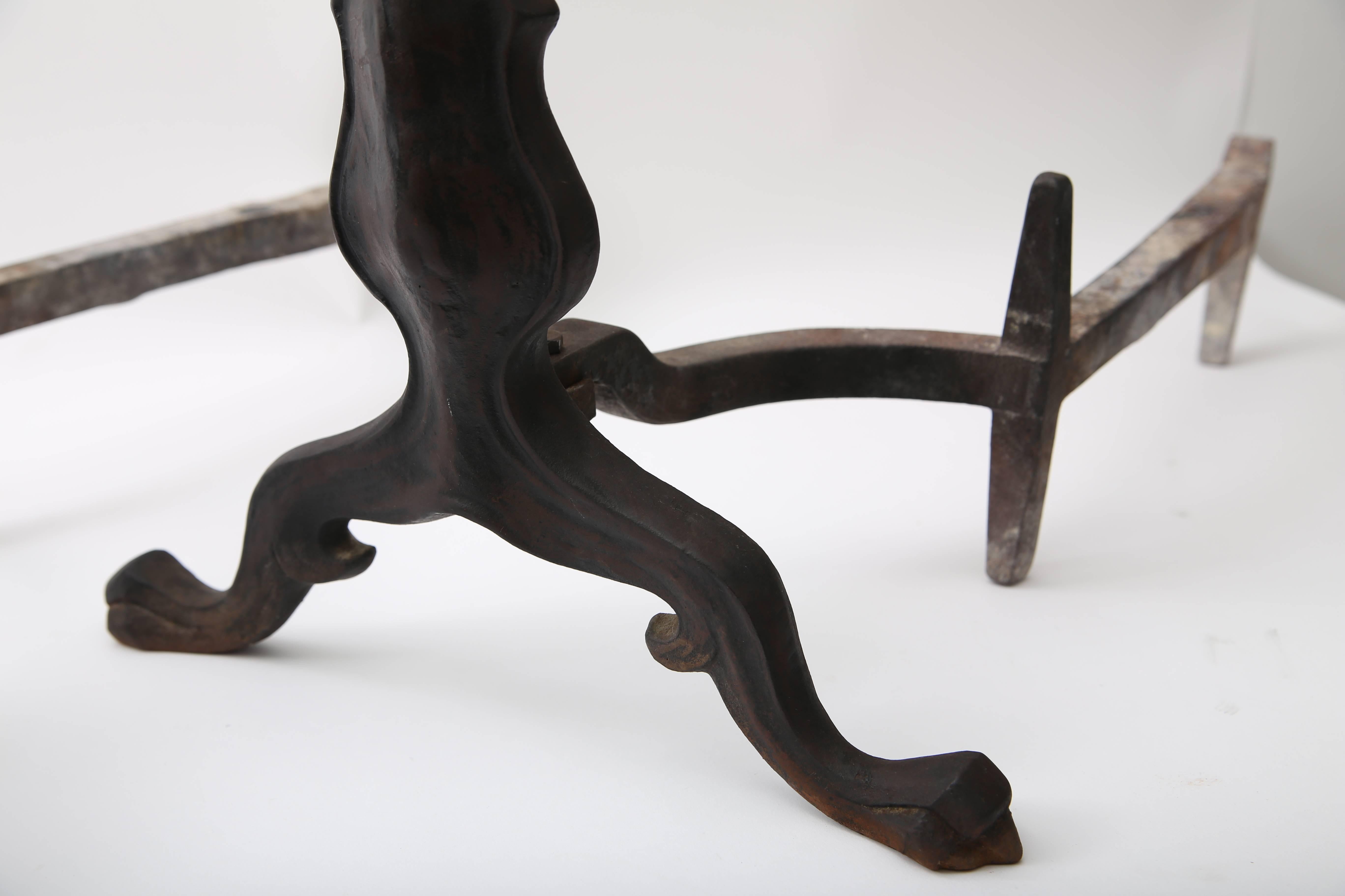 Hand-Crafted Set of Hound-Form Cast Iron Andirons For Sale
