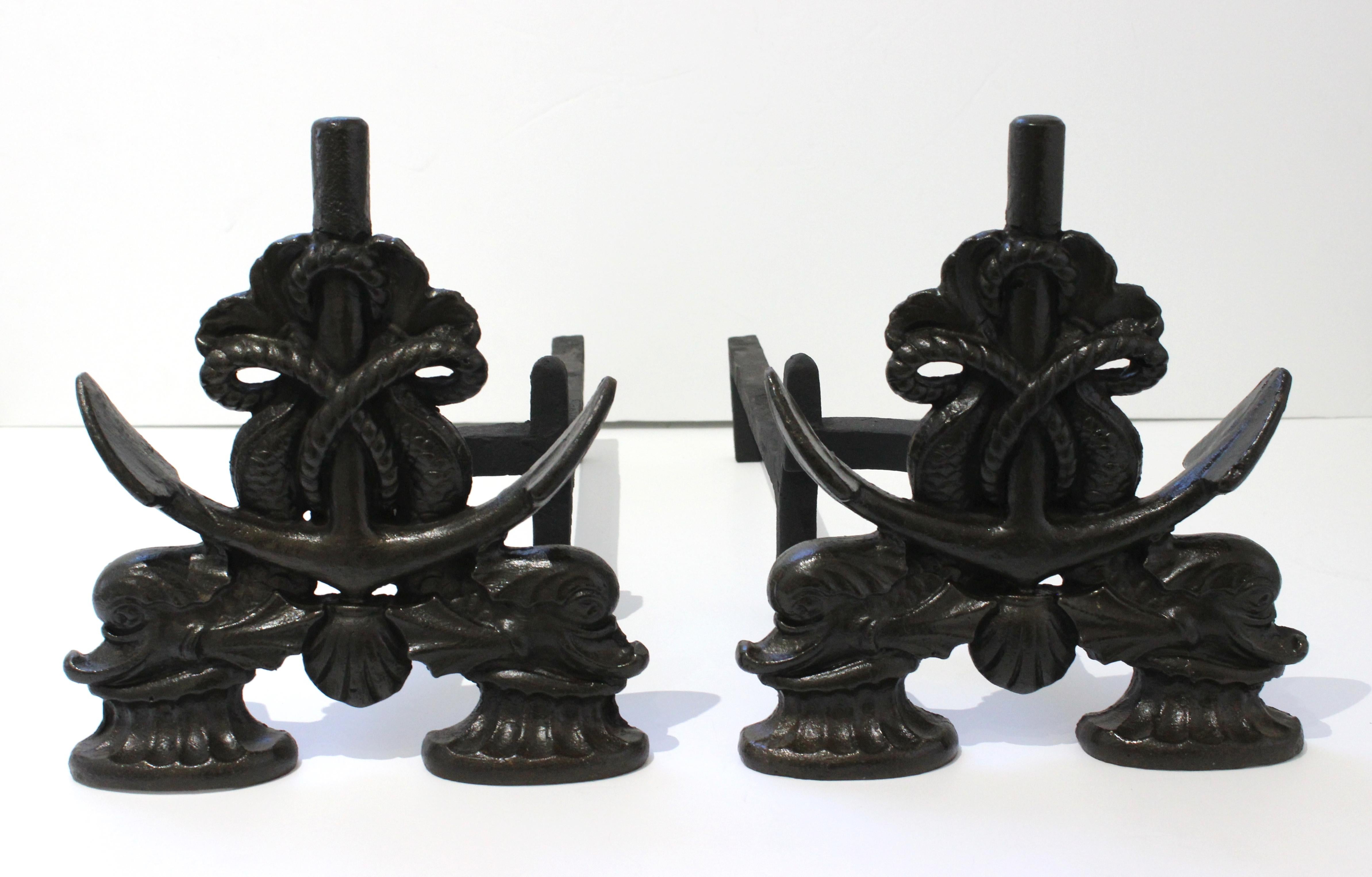 Romantic Set of Hubley Anchor Andirons For Sale