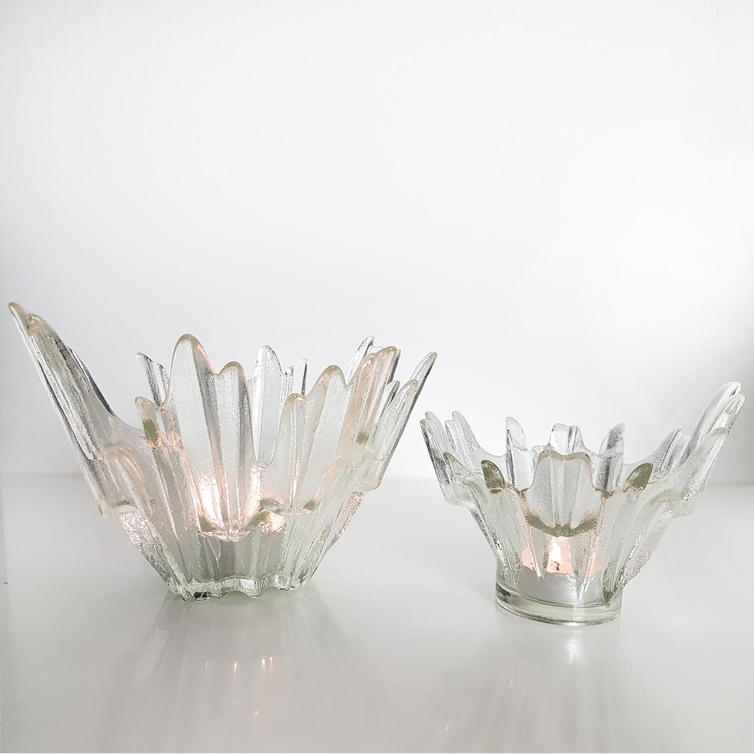 Mid-Century Modern Set of Ice Glass Candleholders or Bowls Wirkkala for Humppila, 1960s