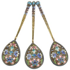 Antique Set of Imperial Russian Cloisonné Enamel and Gilt Silver Spoons N.N. Zverev