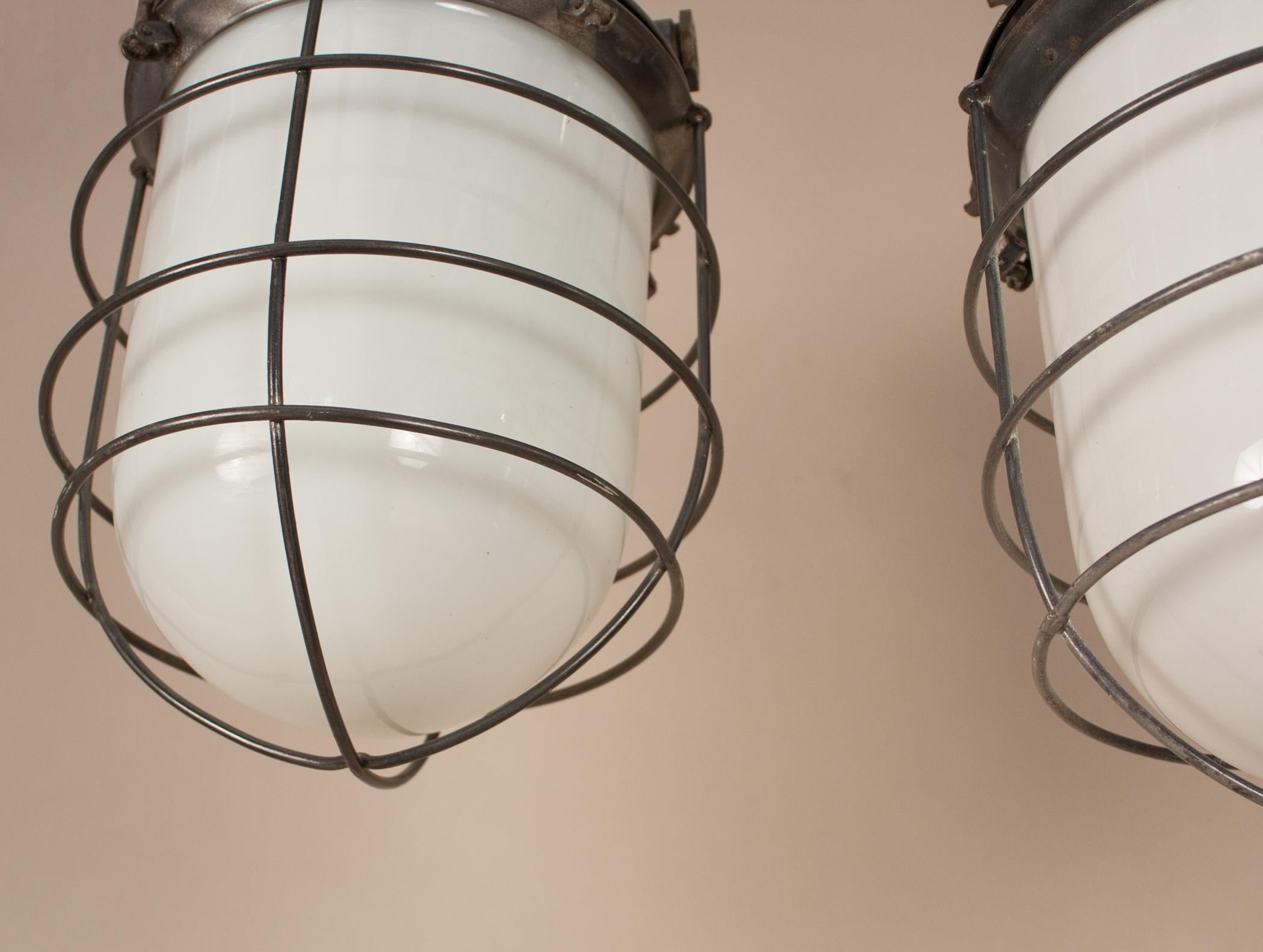 Industrial Milk Glass and Steel Caged Ship's Galley Lights 3