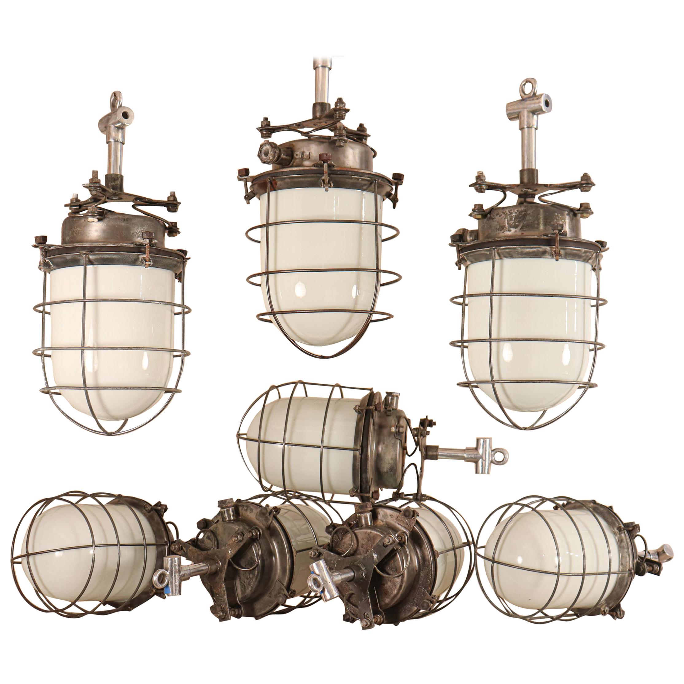  Industrial Milk Glass and Steel Caged Ship's Galley Lights