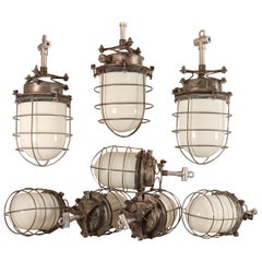 Retro  Industrial Milk Glass and Steel Caged Ship's Galley Lights