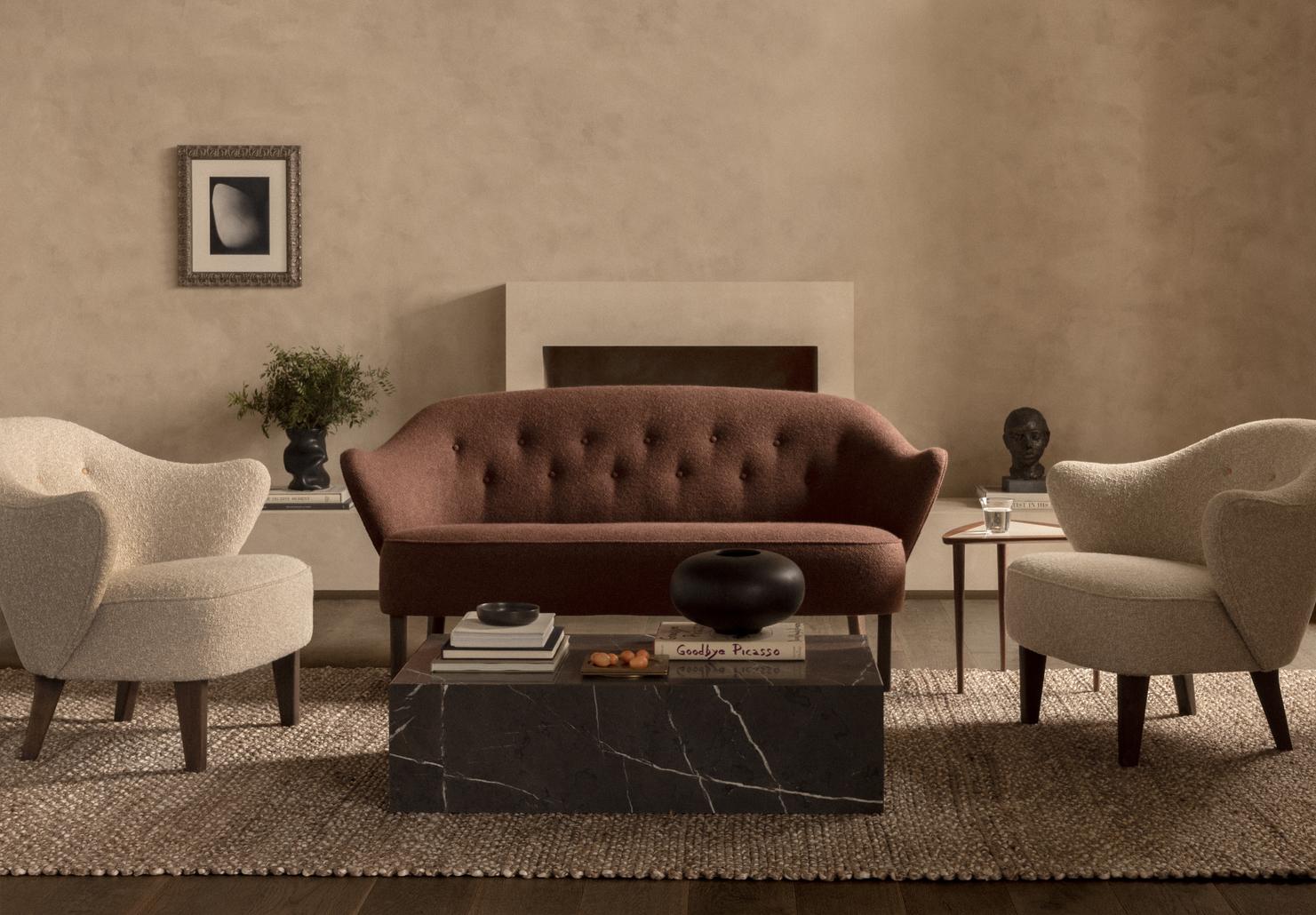 Scandinavian Modern Set of Ingeborg Lounge Chair & Ottoman in Sheepskin Moonlight& Dark Stained Oak For Sale