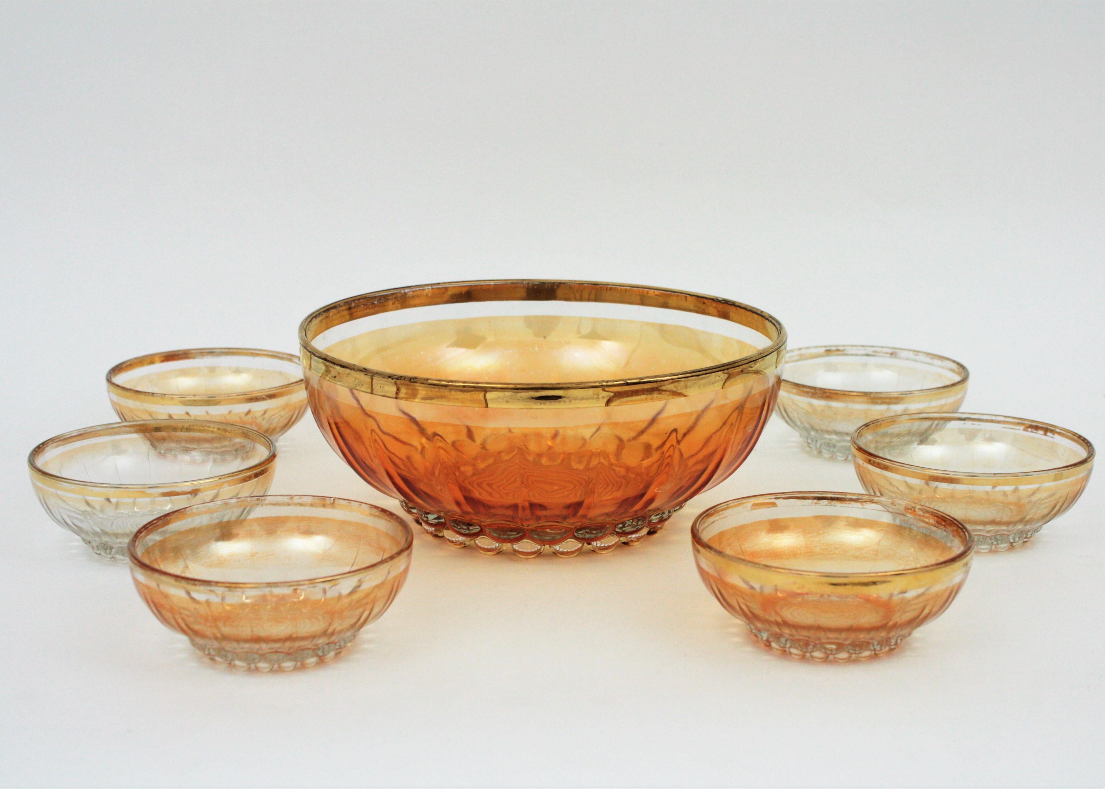 Mid-Century Modern Pattern Pressed Glass Gold Rim Bowls / Dessert Serving Set For Sale