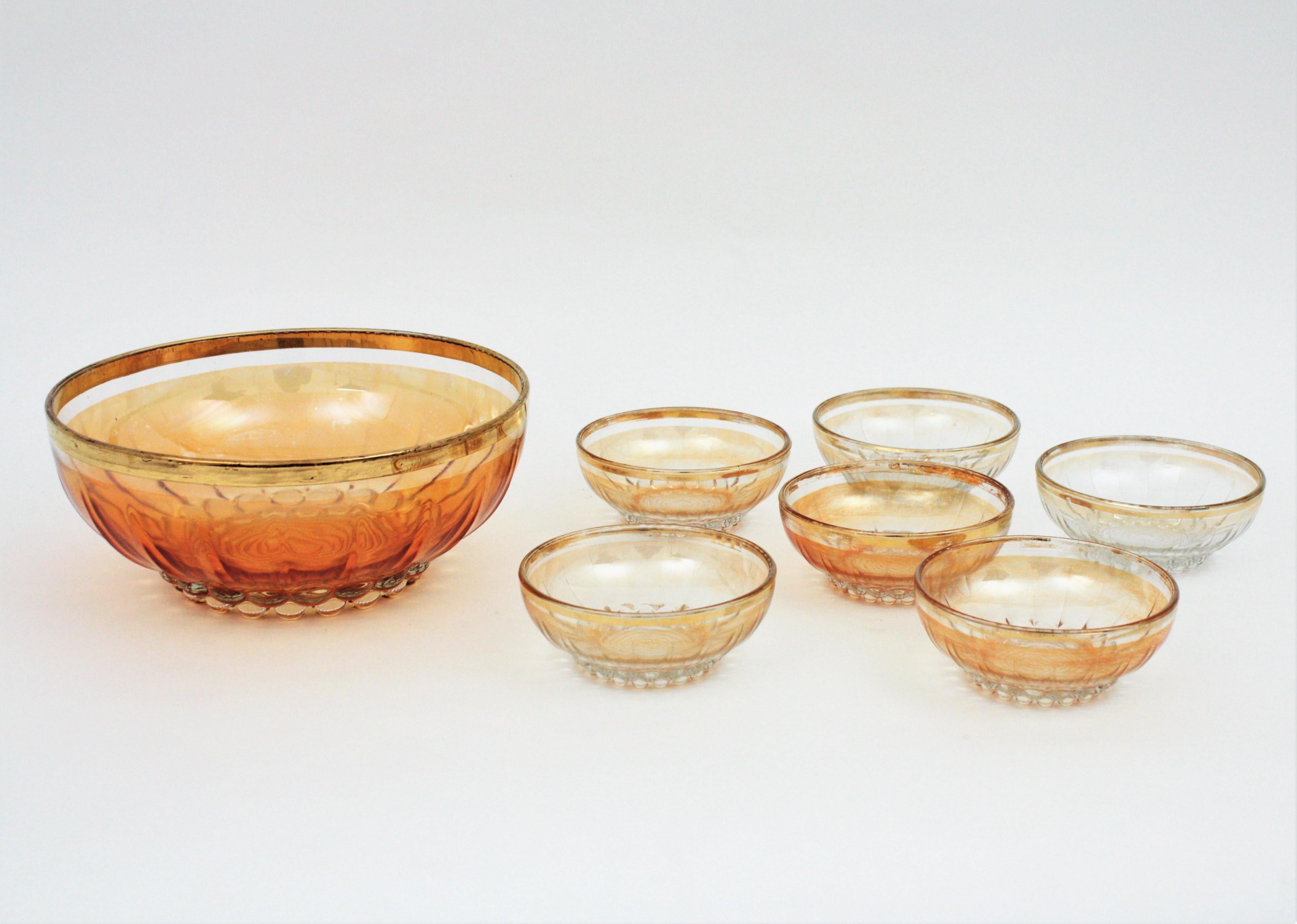 Spanish Pattern Pressed Glass Gold Rim Bowls / Dessert Serving Set For Sale