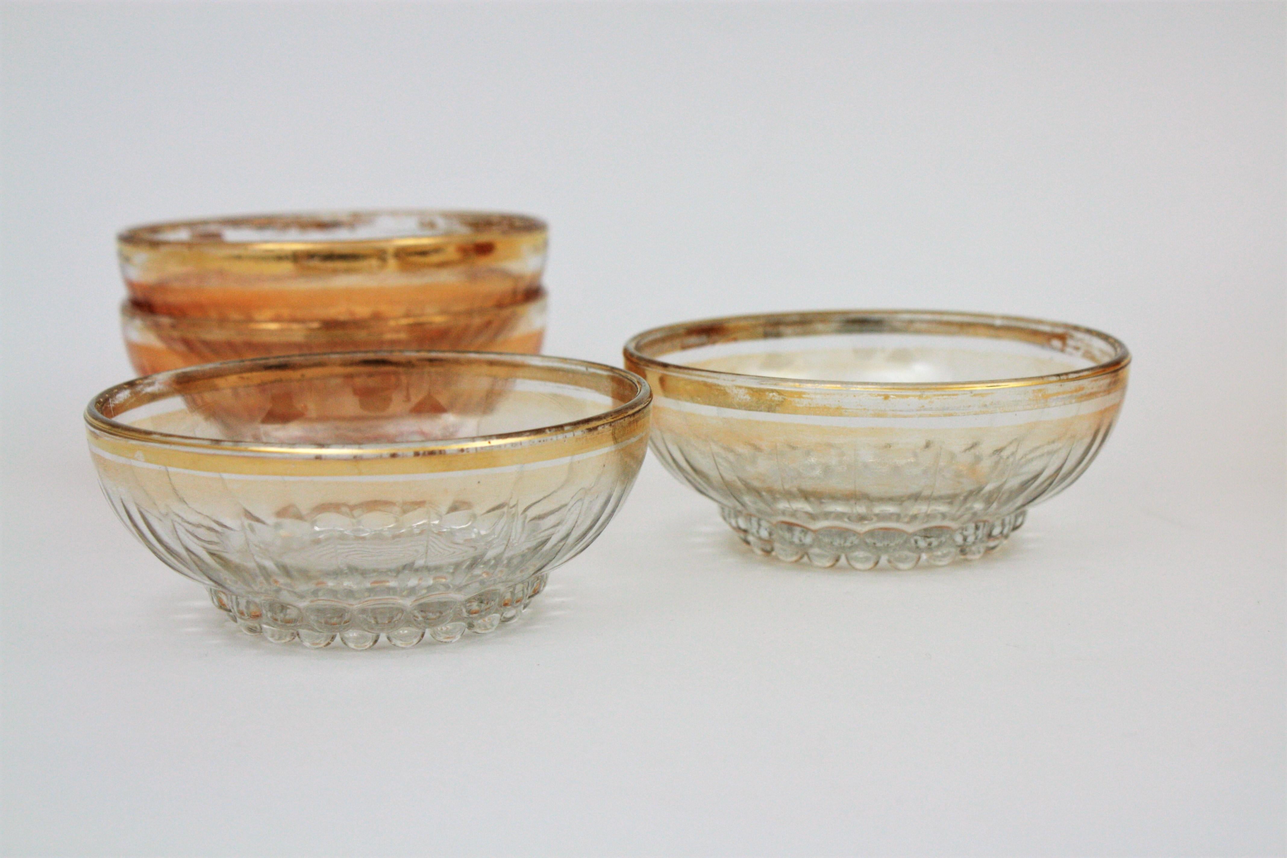 20th Century Pattern Pressed Glass Gold Rim Bowls / Dessert Serving Set For Sale