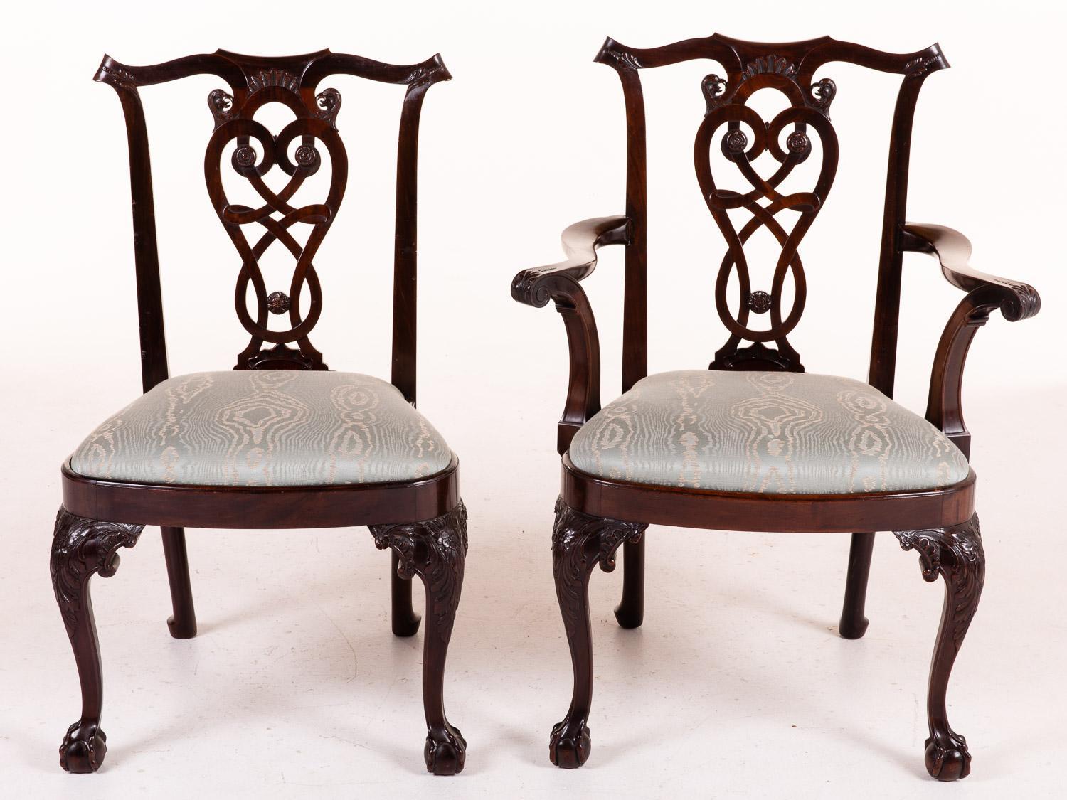 Very fine quality set of 8 Irish mahogany George II style dining chairs, comprising six side chairs and two armchairs, each with eagle-carved pierced splat and shaped crest with out scrolled ears, above a compass shaped slip seat, raised on