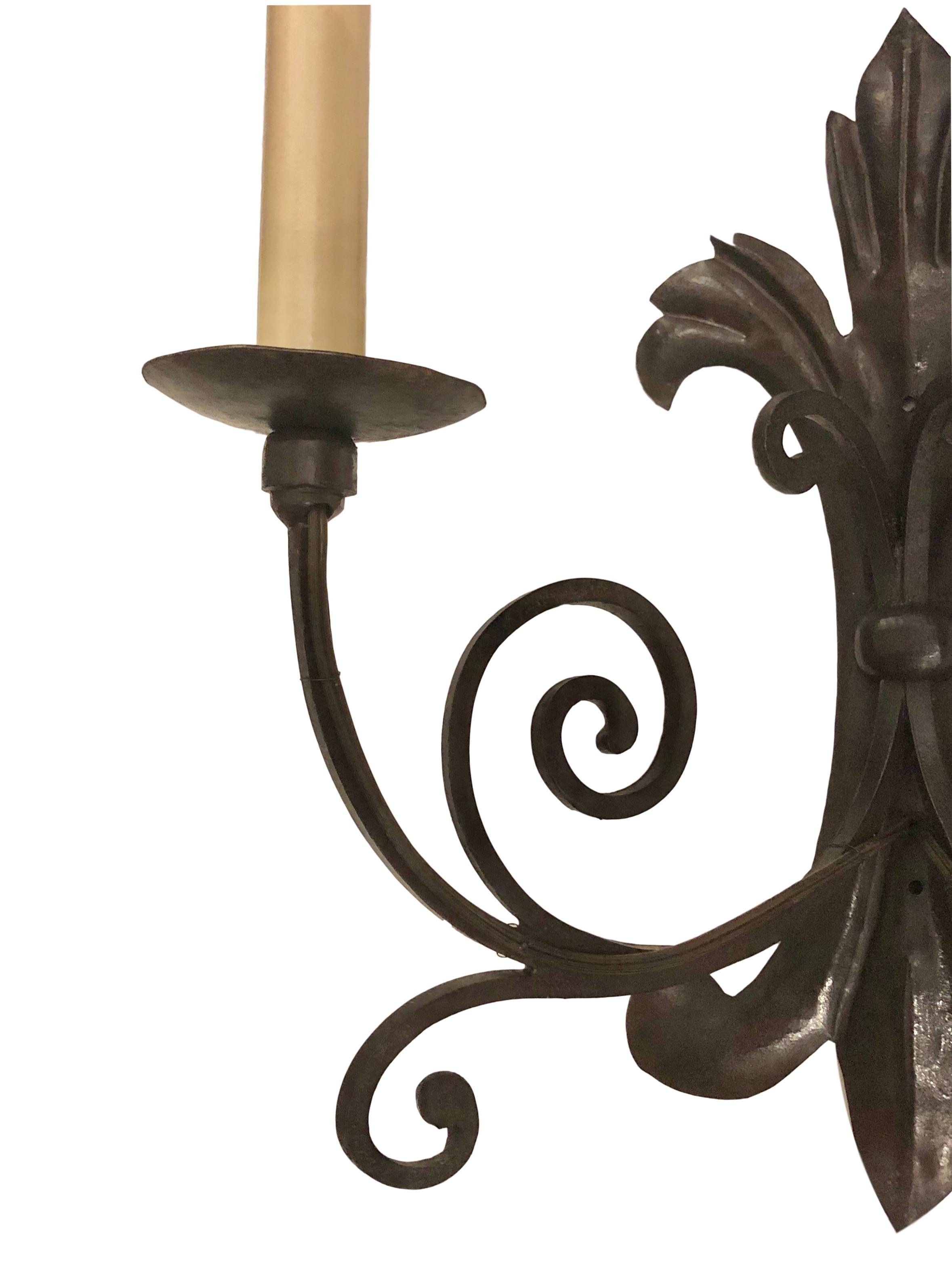 French Set of Iron Foliage Motif Sconces, Sold Per Pair For Sale