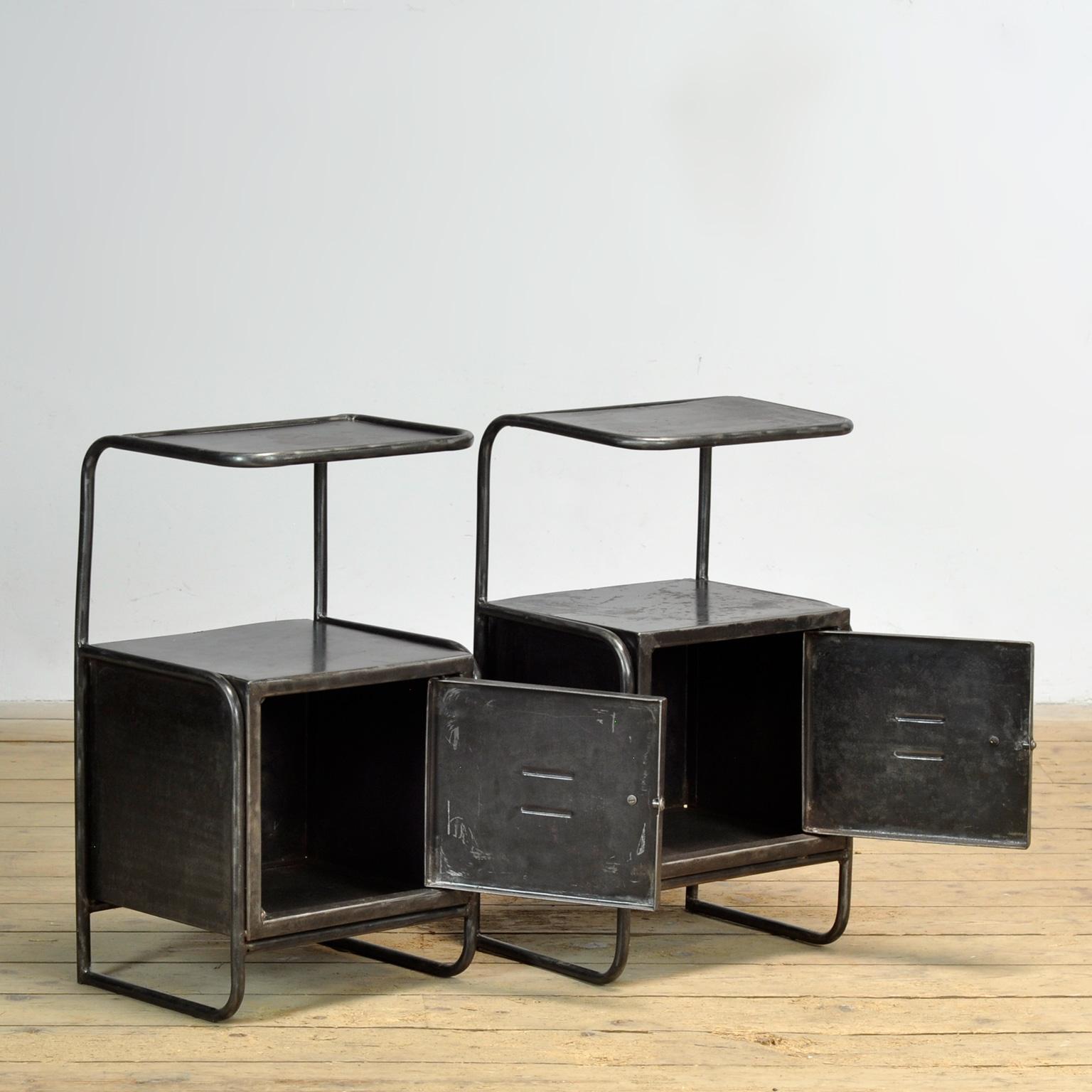 Set of iron bedside tables, circa 1950. The cabinets originally came from a hospital. They have been stripped of the paint and polished. Treated against rust.