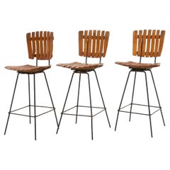 Vintage Set of Iron & Wood Stools, 1950s