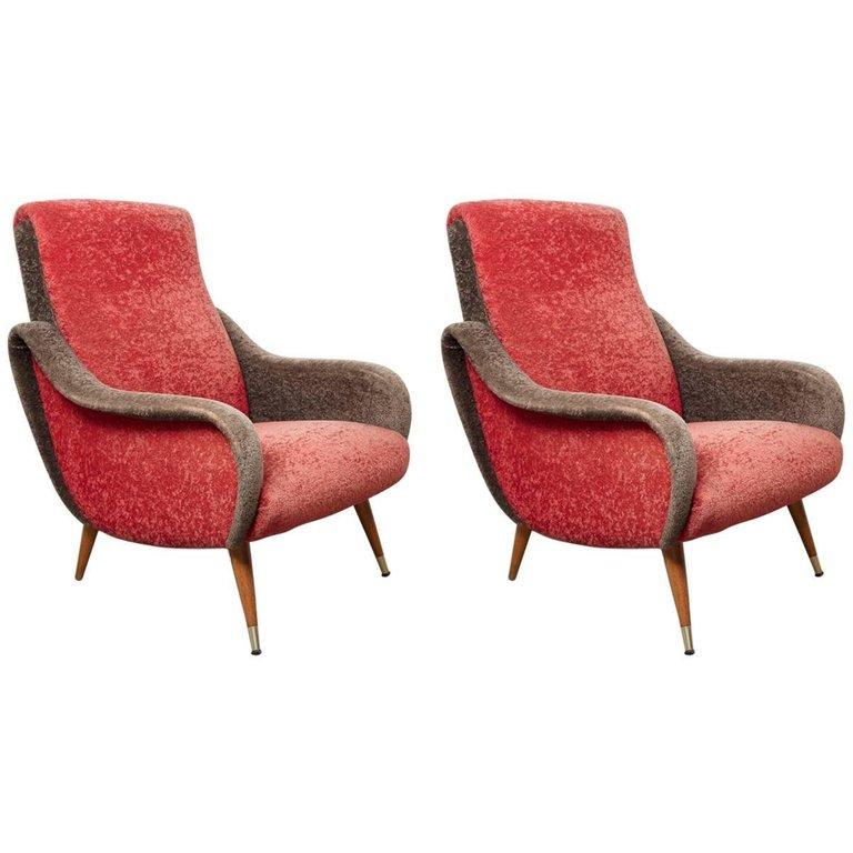 Mid-Century Modern Set of Italian 1950s Red and Grey Ladies Lounge Chairs in the Style of Zanuso