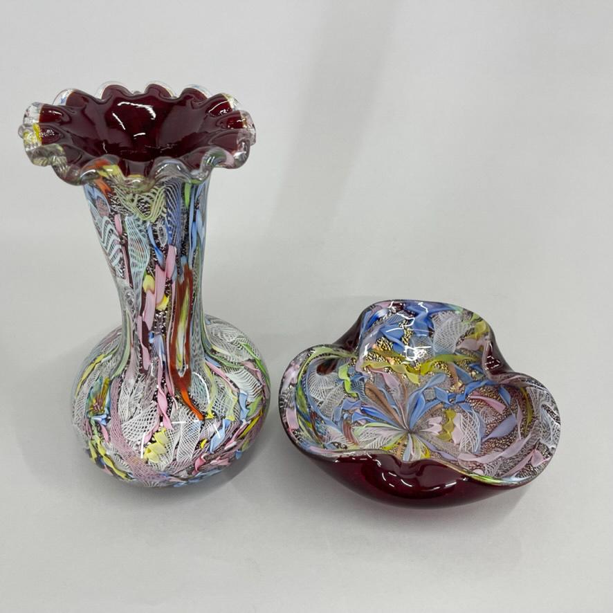 Set of Italian AVEM Millefiori Flower Art Glass Vase and Ashtray, 1970's 5