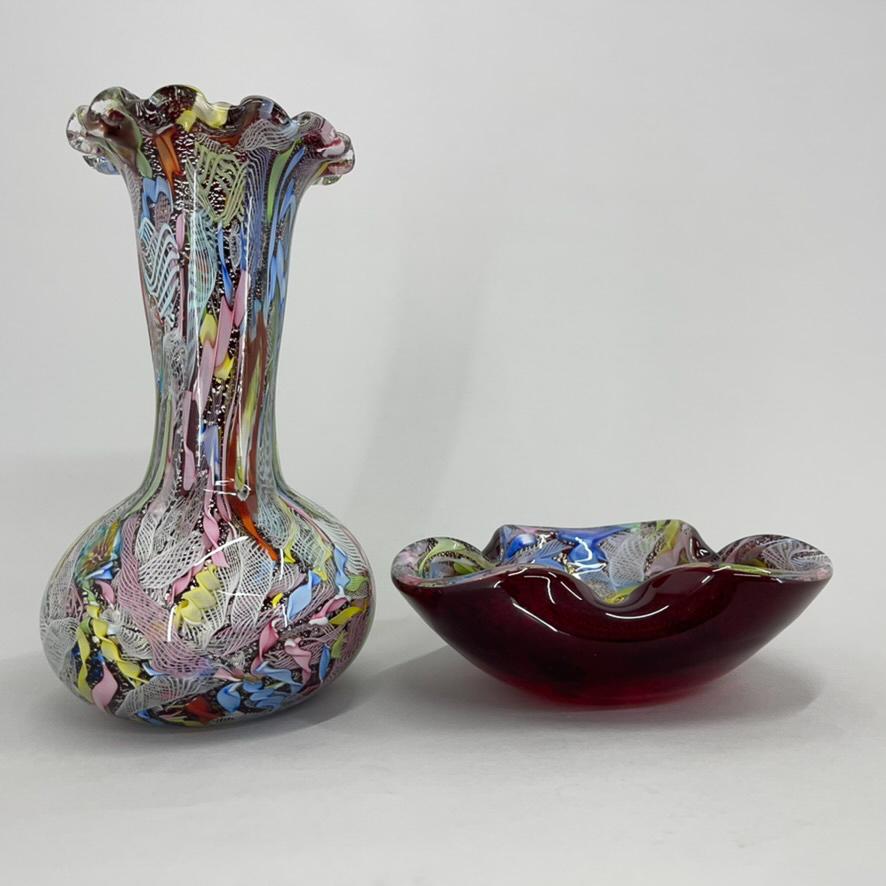 Set of Italian AVEM Millefiori Flower Art Glass Vase and Ashtray, 1970's 6