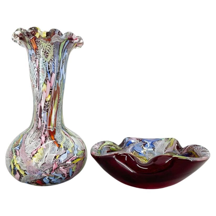 Set von italienischen AVEM Millefiori-Blumenvasen-Kunstglasvasen und Aschenbechern aus AVEM, 1970er Jahre