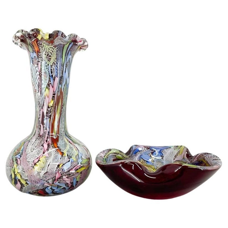 Set of Italian AVEM Millefiori Flower Art Glass Vase and Ashtray, 1970