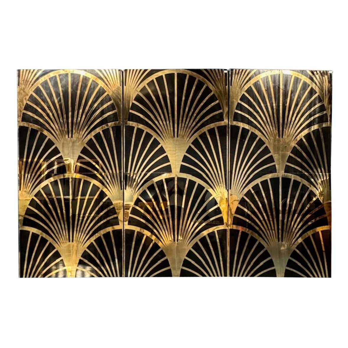 Set of Italian Black Lacquer and Brass Panels
