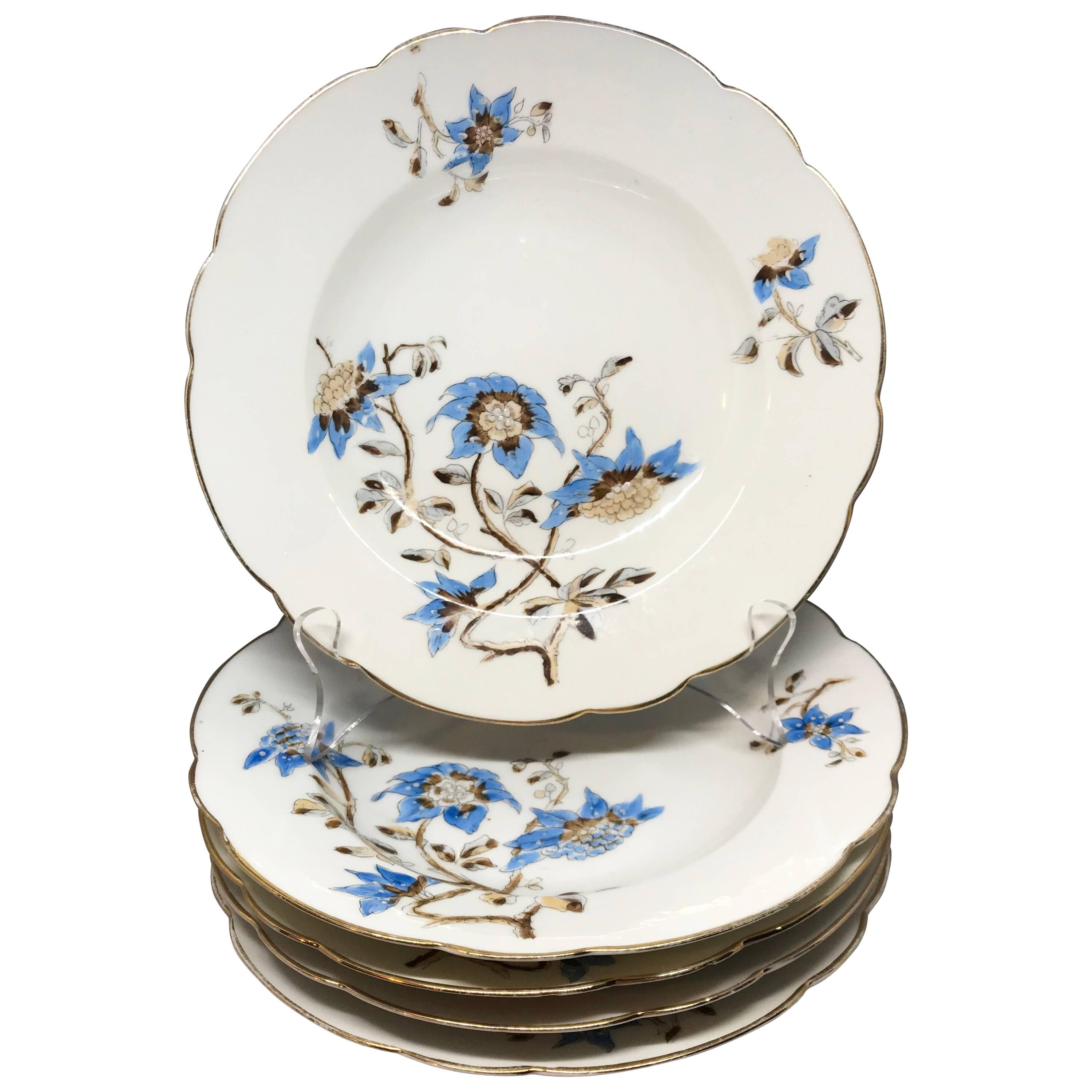 4-Piece Vintage Blue Porcelain Dinner Plate Set - Bone China Flowers & Plants Design, Microwave Safe