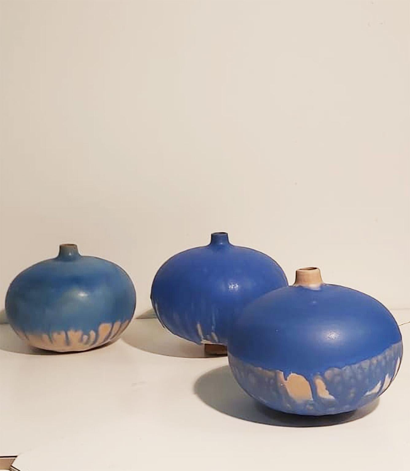 Set of Italian Blue Ceramic Vase by Ceramist Caruso Manufacture Vietri Sul Mare For Sale 5