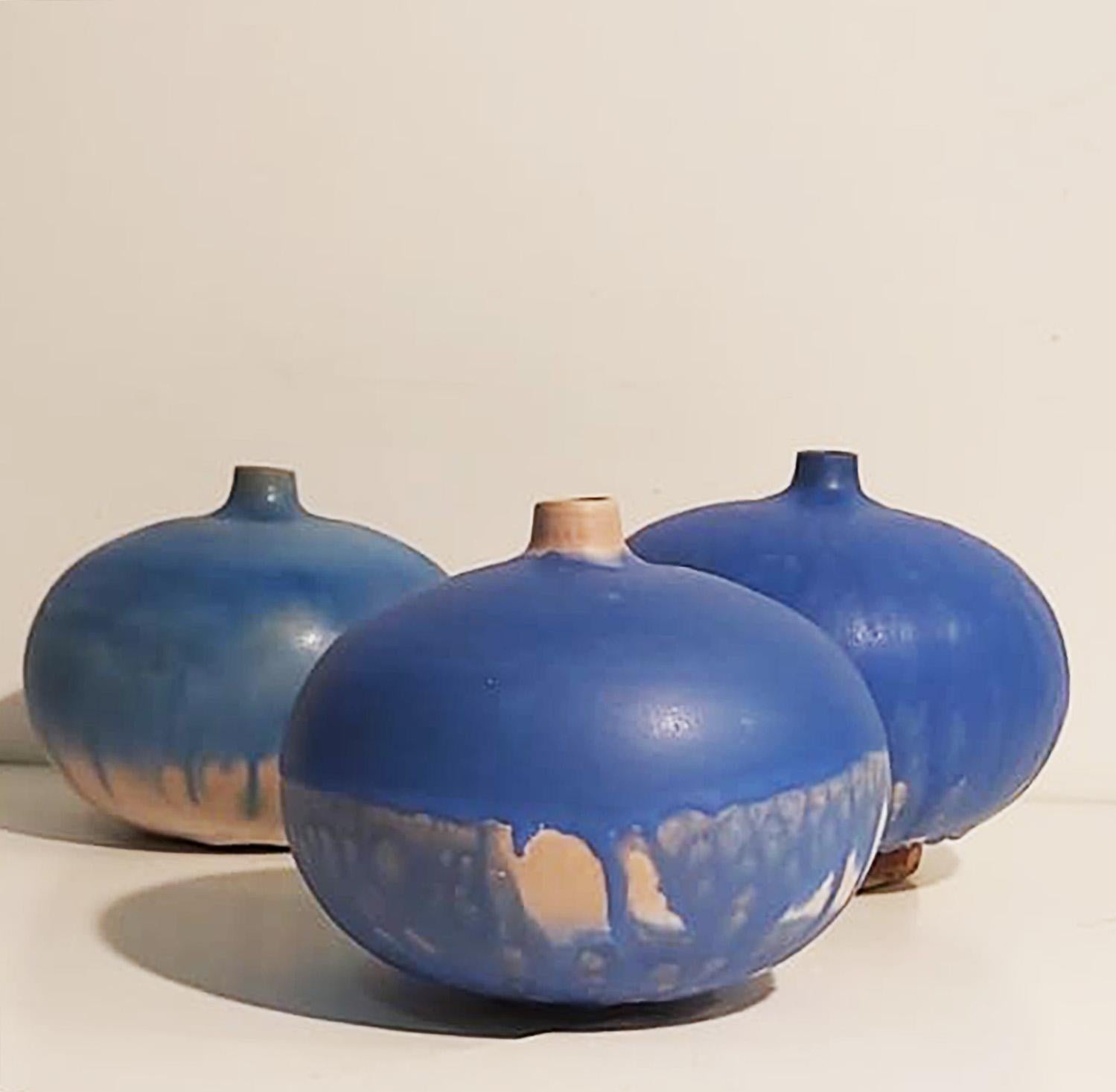 Contemporary Set of Italian Blue Ceramic Vase by Ceramist Caruso Manufacture Vietri Sul Mare For Sale