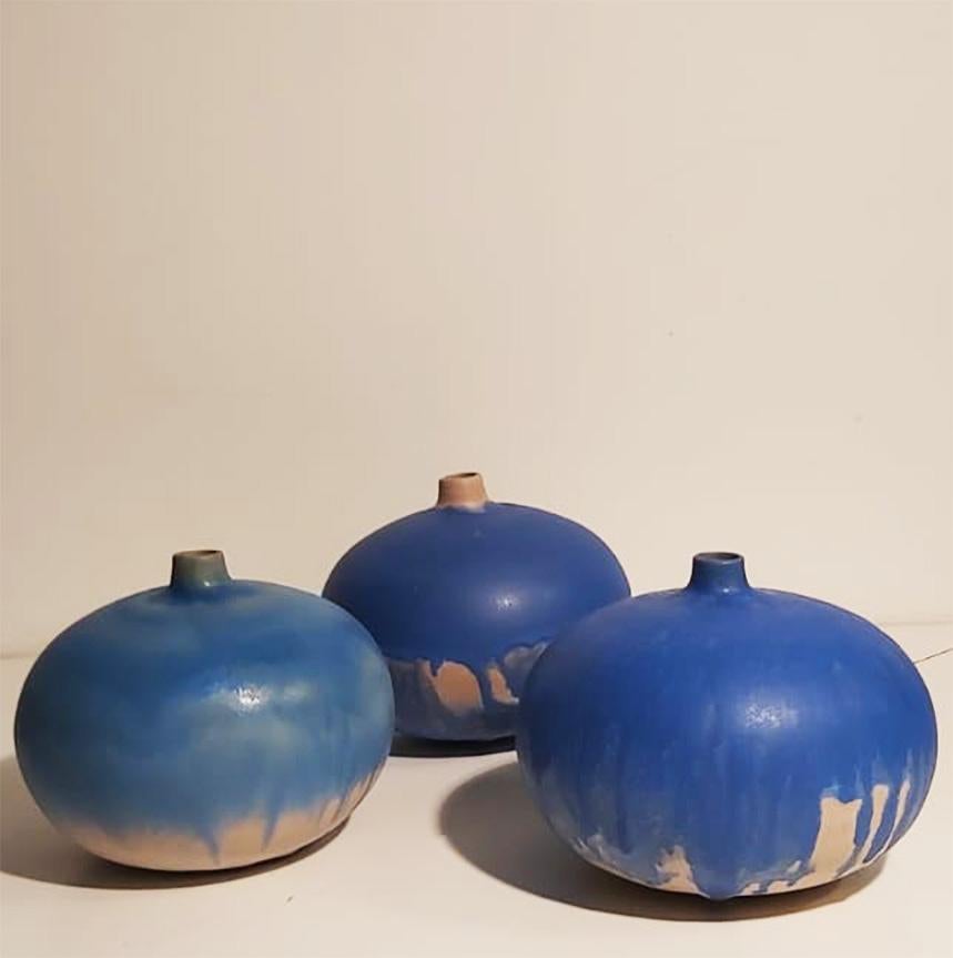 Set of Italian Blue Ceramic Vase by Ceramist Caruso Manufacture Vietri Sul Mare For Sale 1