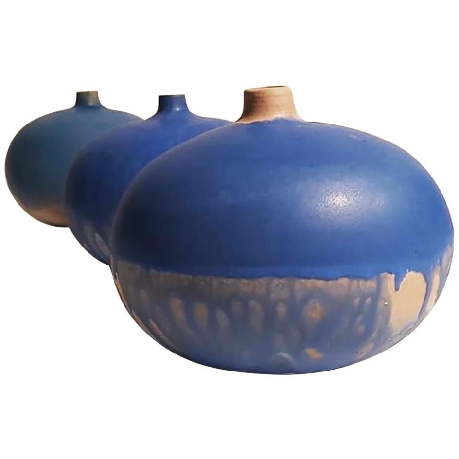 Set of Italian Blue Ceramic Vase by Ceramist Caruso Manufacture Vietri Sul Mare