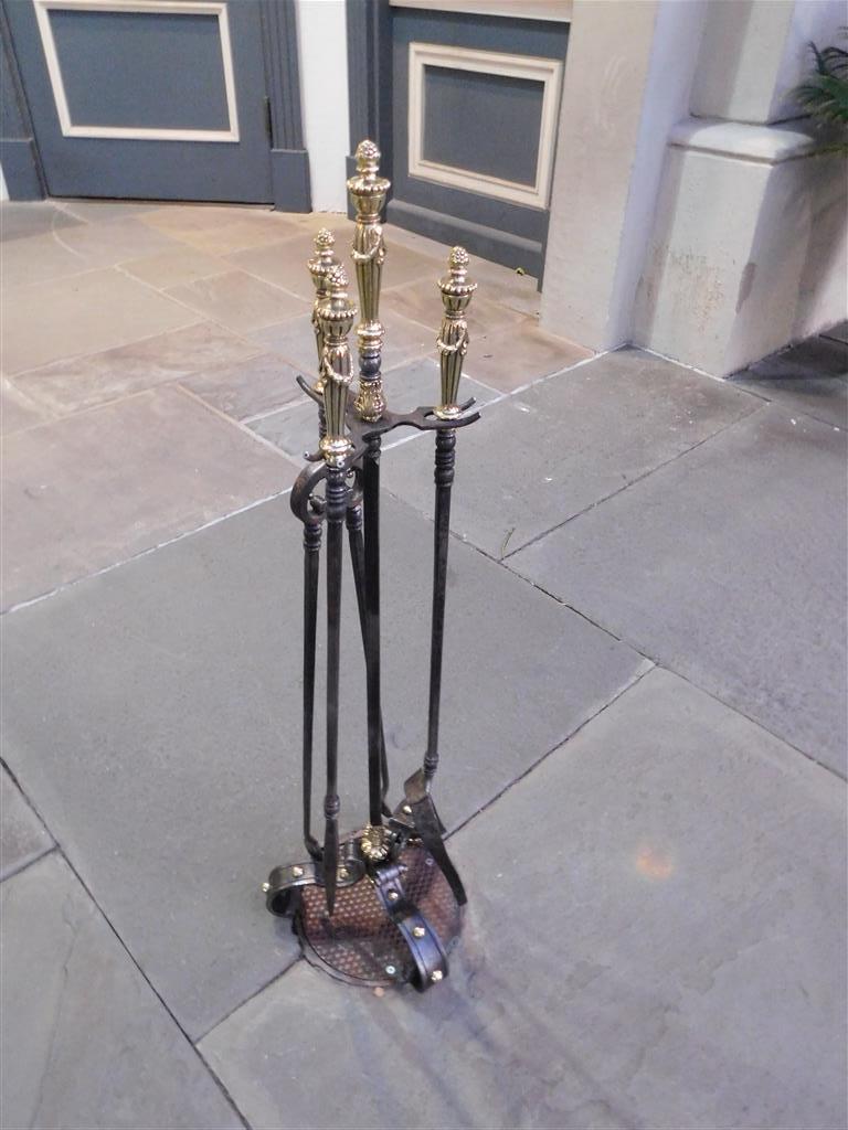 Neoclassical Set of Italian Brass & Wrought Iron Urn Finial Fireplace Tools on Stand, C 1810 For Sale