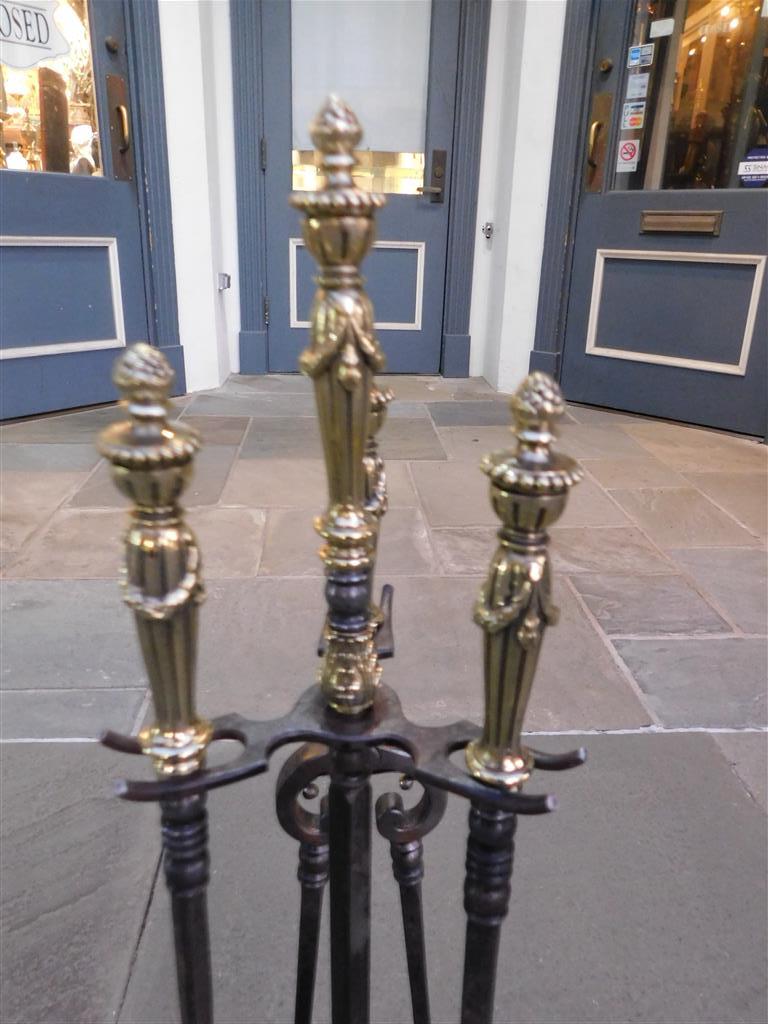 Cast Set of Italian Brass & Wrought Iron Urn Finial Fireplace Tools on Stand, C 1810 For Sale